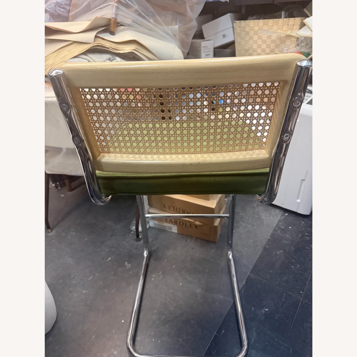 Mid Century Modern Green Velvet Rattan Bar Stool  - image-7