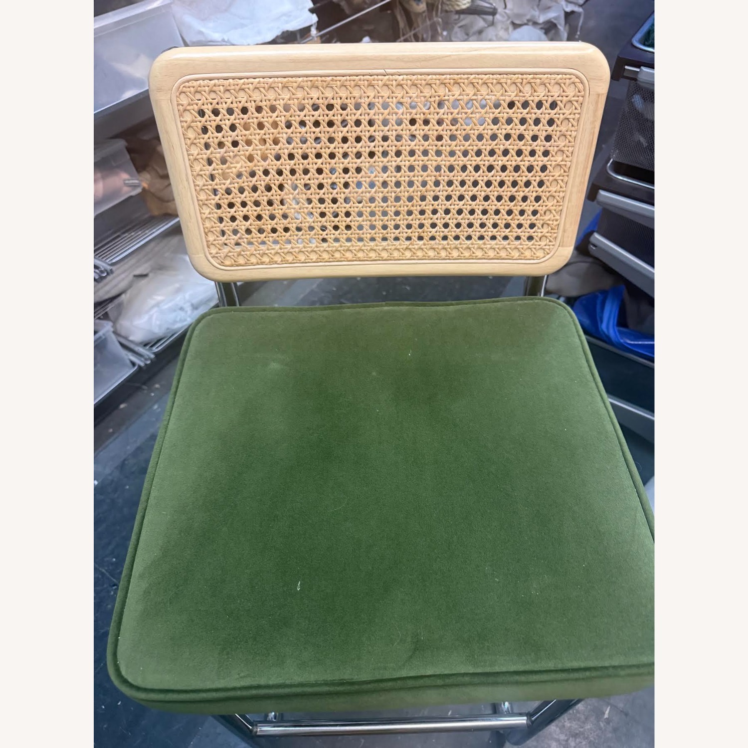 Mid Century Modern Green Velvet Rattan Bar Stool  - image-12