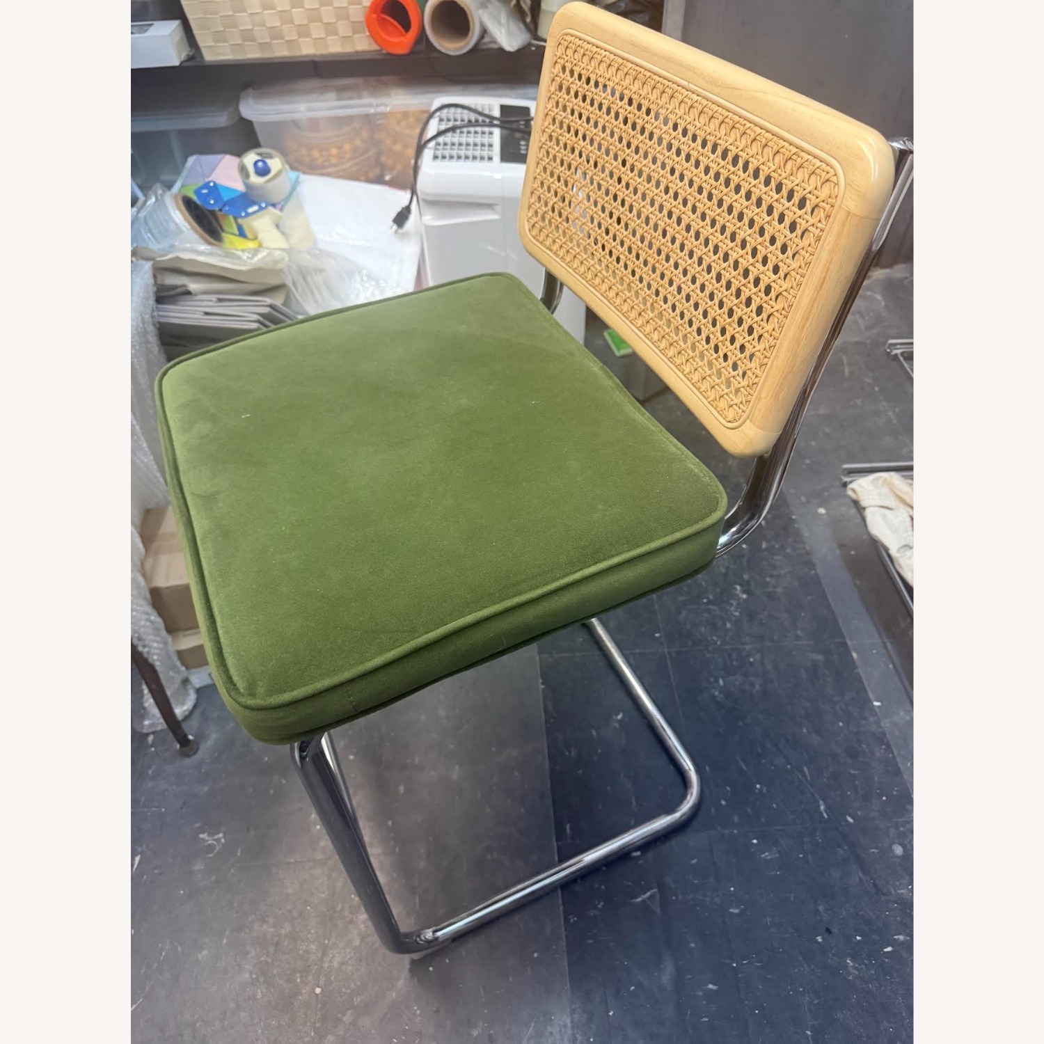 Mid Century Modern Green Velvet Rattan Bar Stool  - image-4