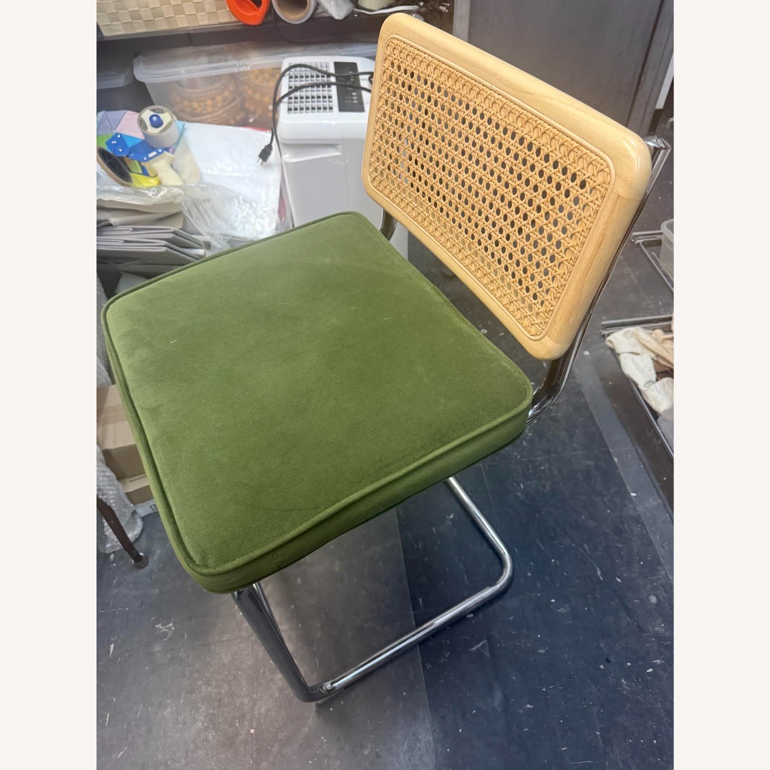 Mid Century Modern Green Velvet Rattan Bar Stool  - image-5