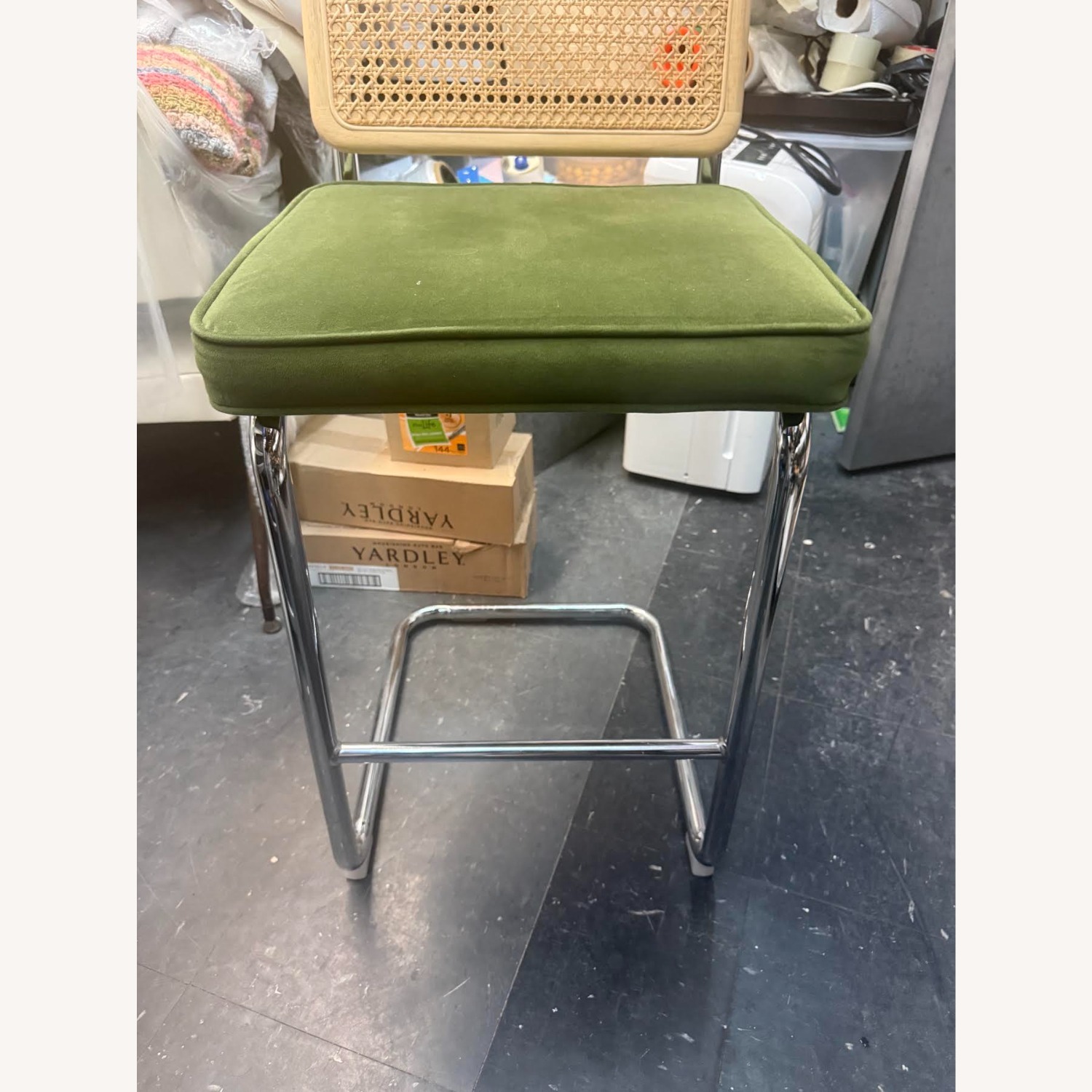 Mid Century Modern Green Velvet Rattan Bar Stool  - image-3