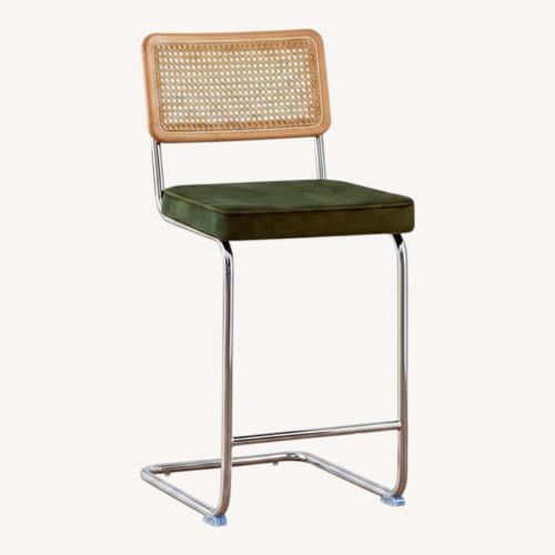 Used Mid Century Modern Green Velvet Rattan Bar Stool for sale on AptDeco