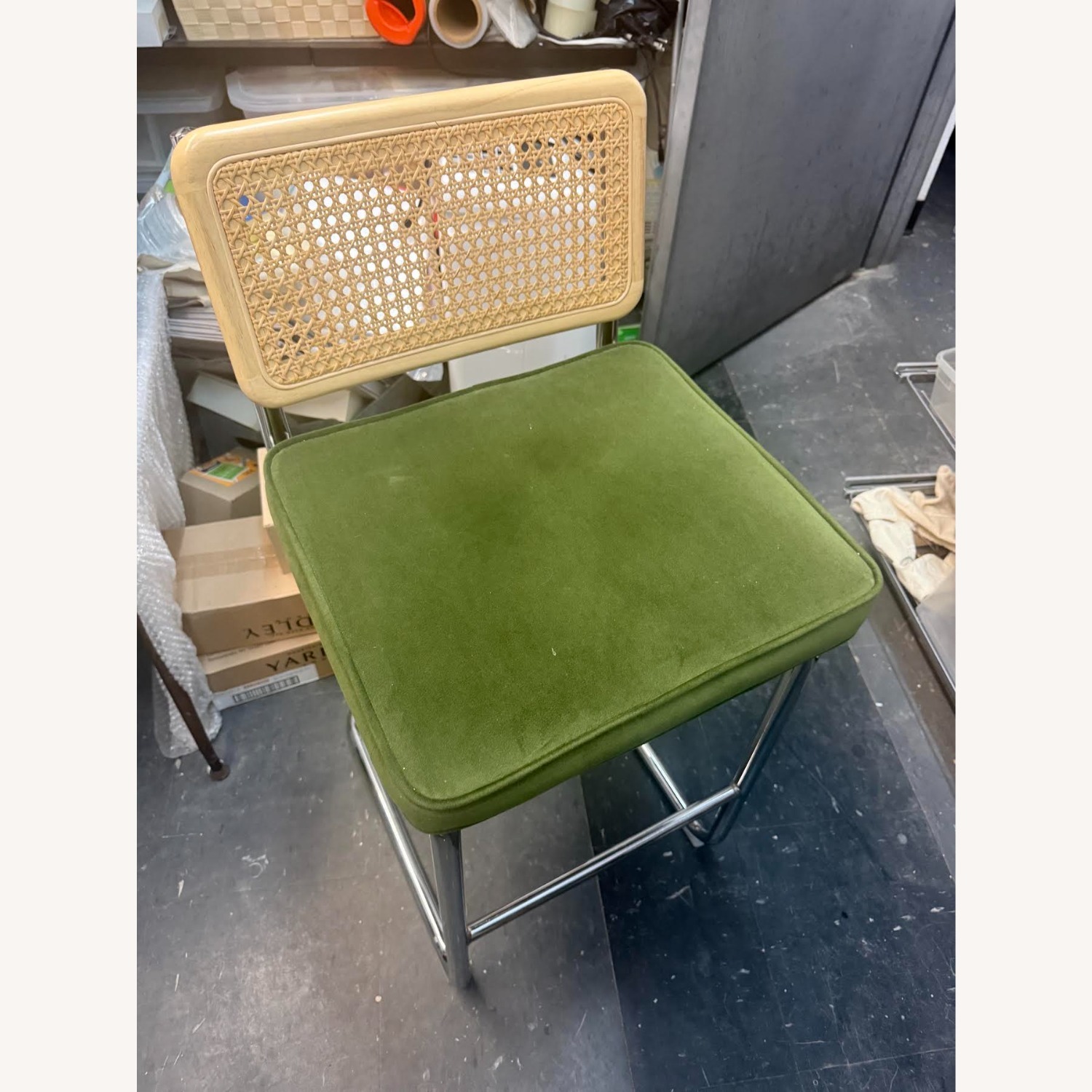 Mid Century Modern Green Velvet Rattan Bar Stool  - image-2