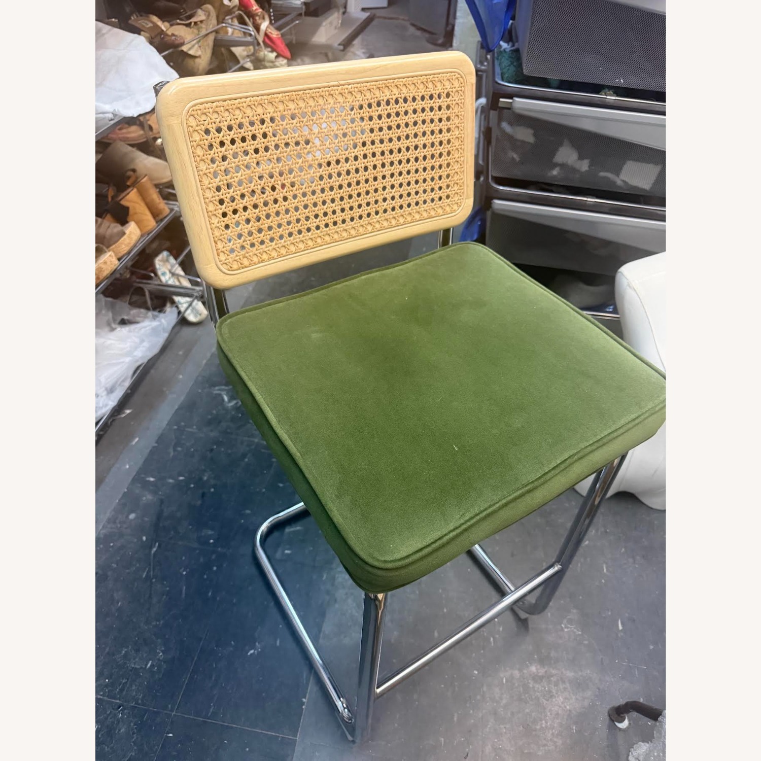 Mid Century Modern Green Velvet Rattan Bar Stool  - image-16
