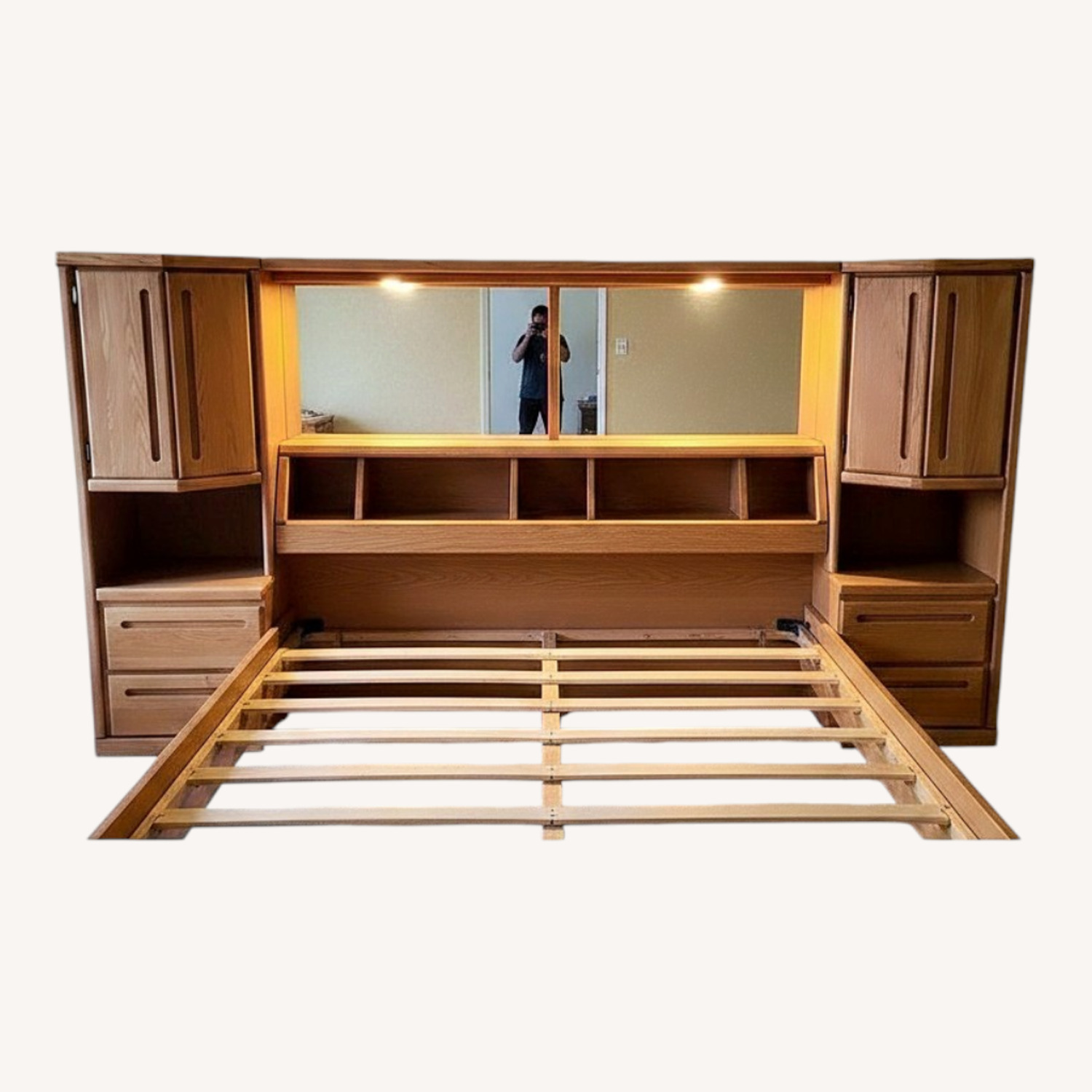 Oak Queen Headboard Lighted Nightstands - image-0