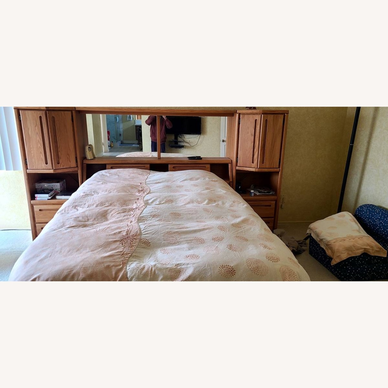 Oak Queen Headboard Lighted Nightstands - image-2