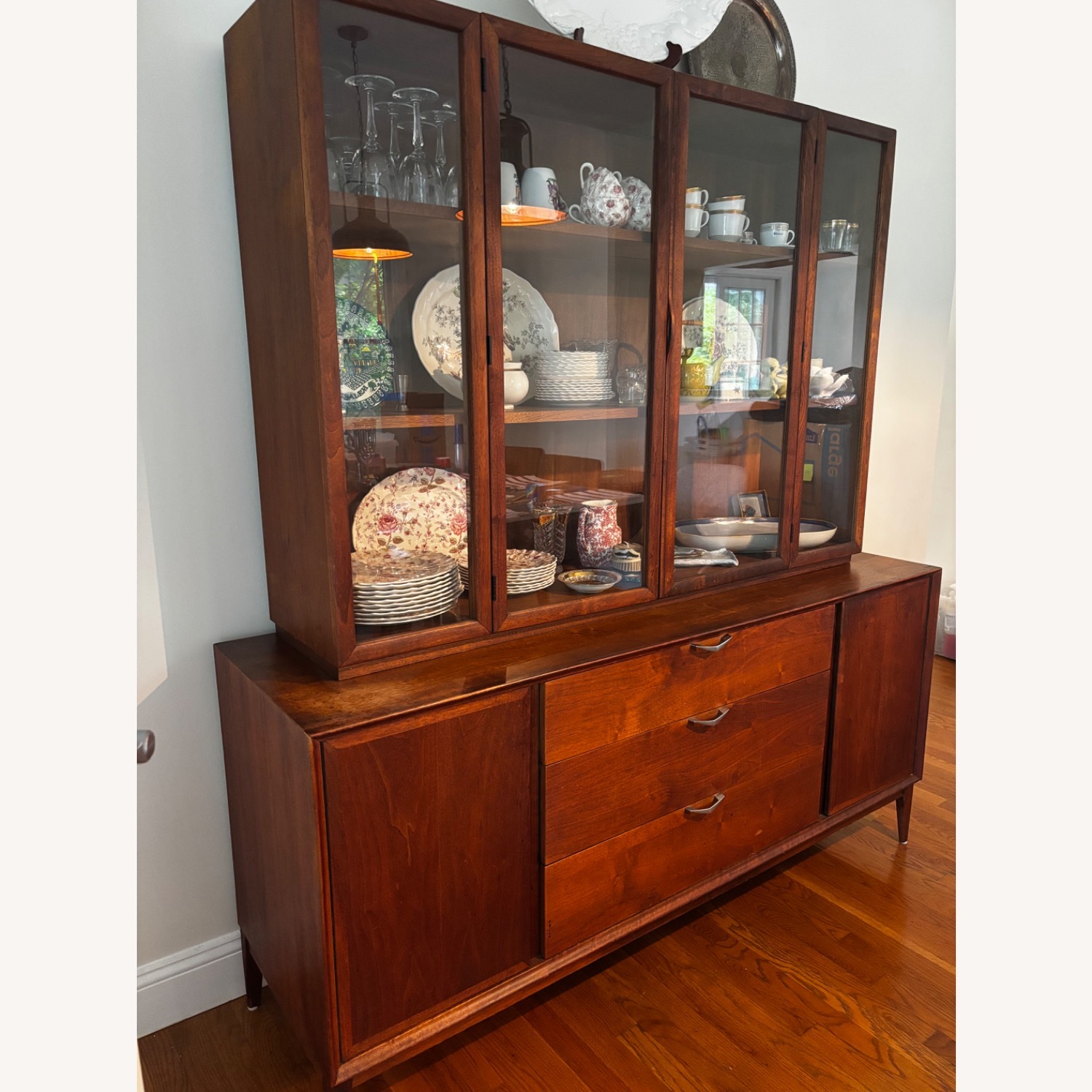 Vintage Walnut Hutch Server, Glass Front - image-3