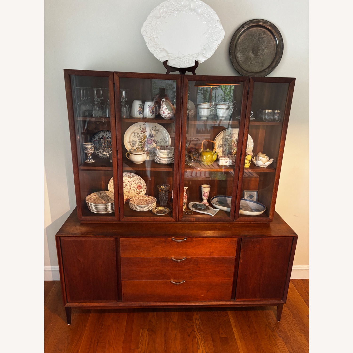 Vintage Walnut Hutch Server, Glass Front - image-1