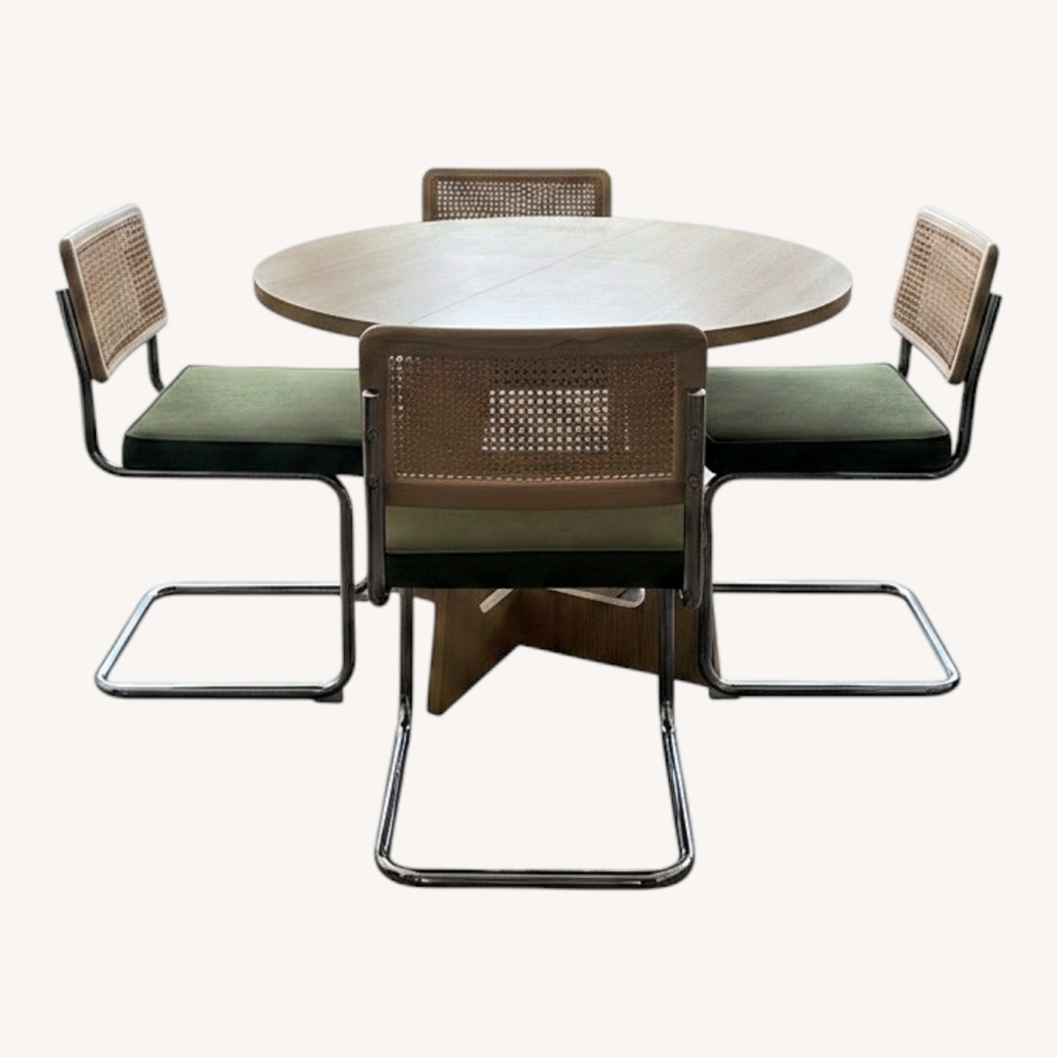 Round Wood Table + 4 Cesca-Style Cane Chairs - image-0