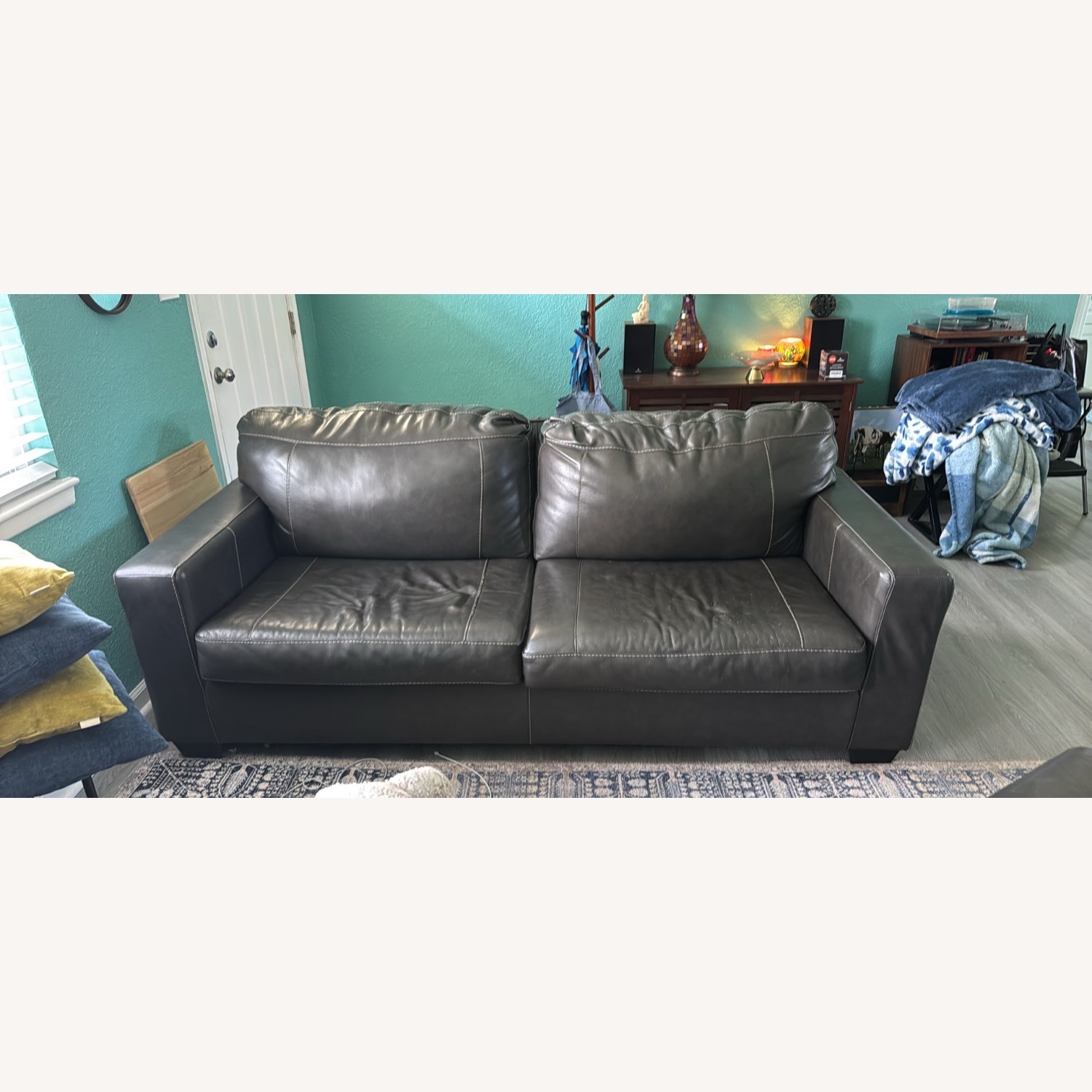 Ashley Furniture Dark Gray Leather 2 Seater Sofa - image-2