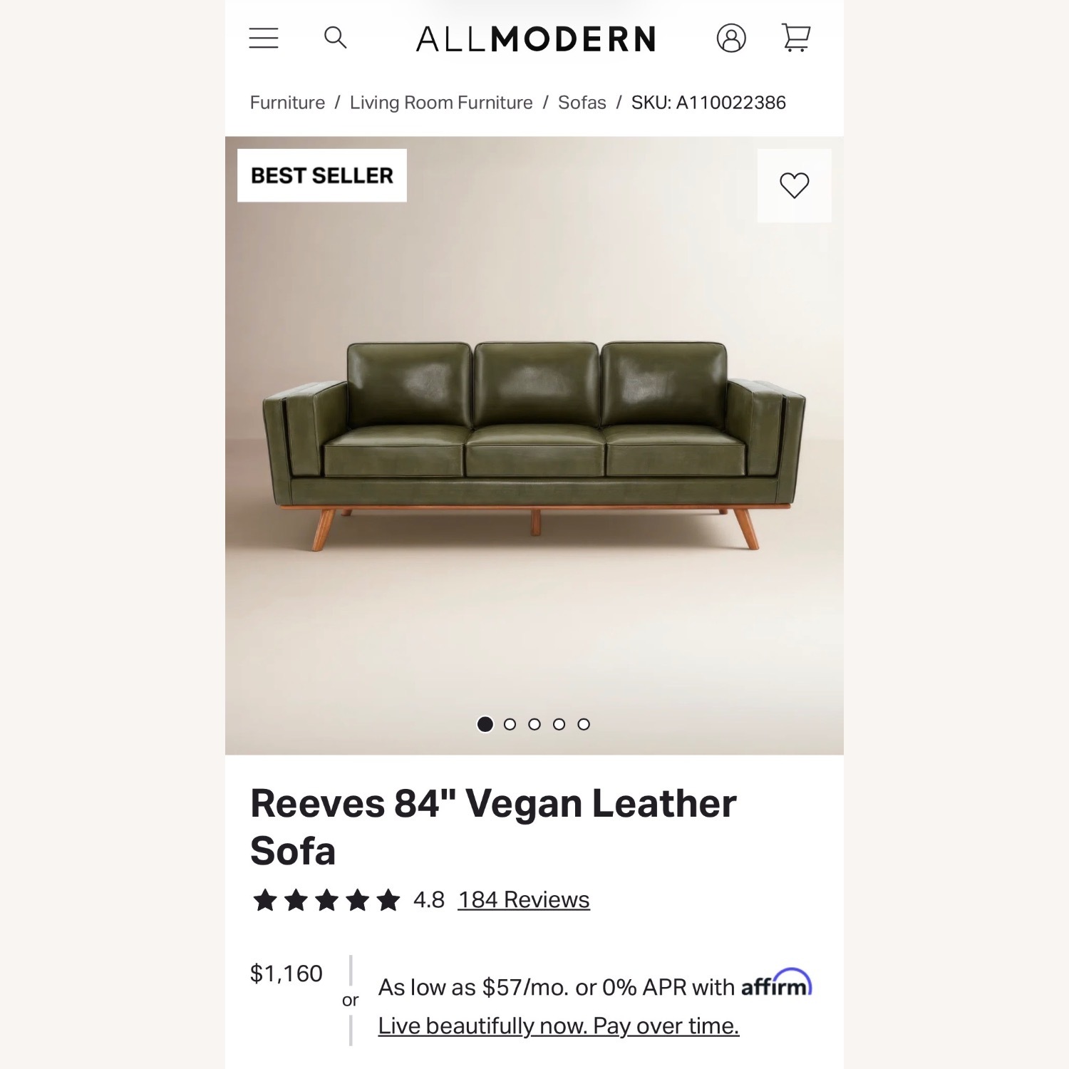 AllModern Reeves Green Leather 3+ Seater Sofa - image-3