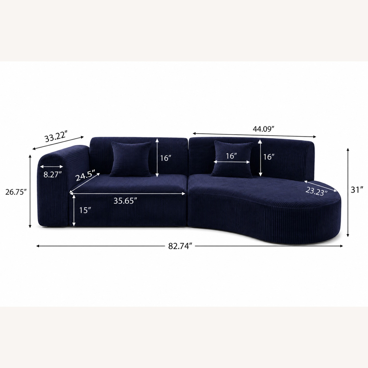Wayfair Sofa Sectional Curve Japandi Style Navy Corduroy - image-2