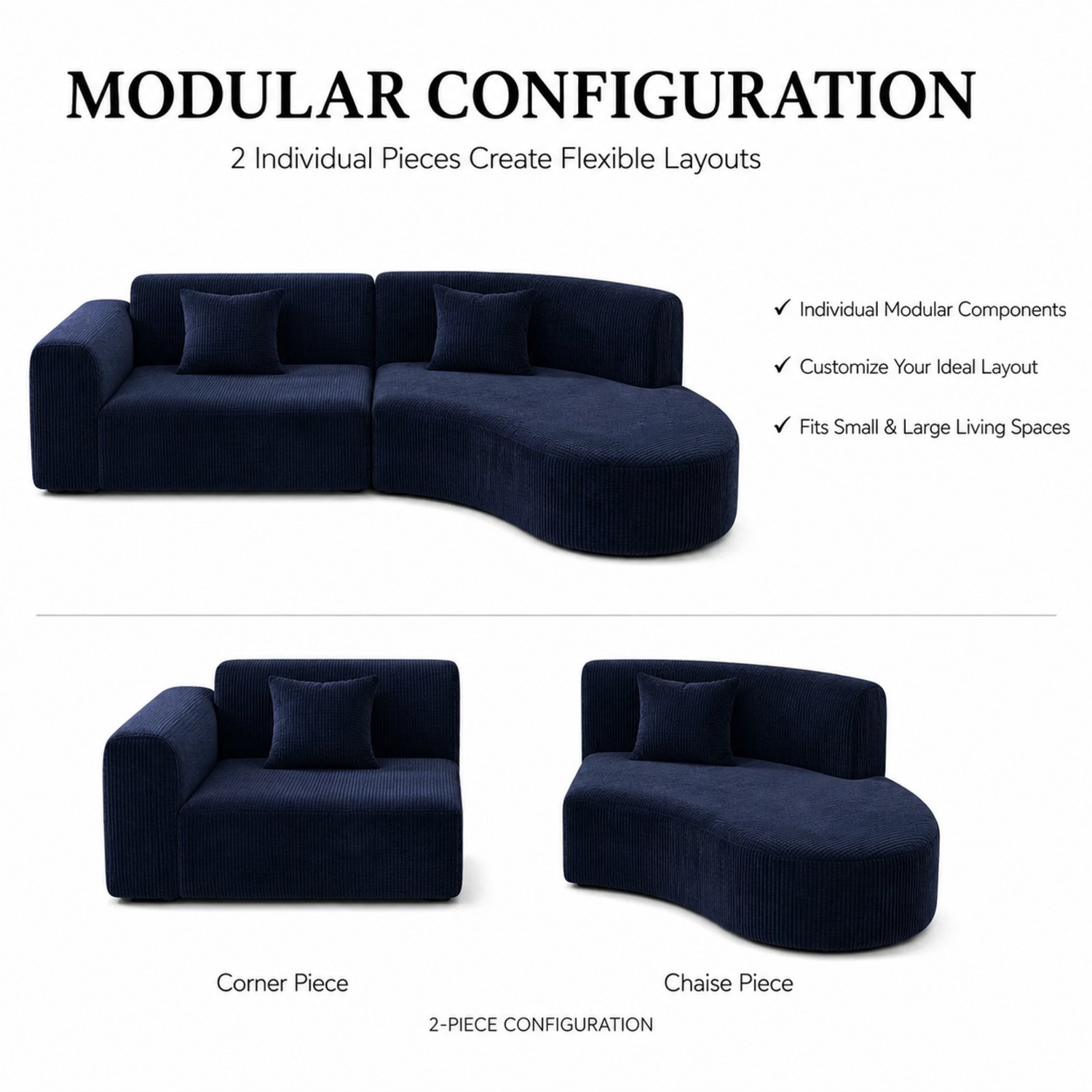Wayfair Sofa Sectional Curve Japandi Style Navy Corduroy - image-3