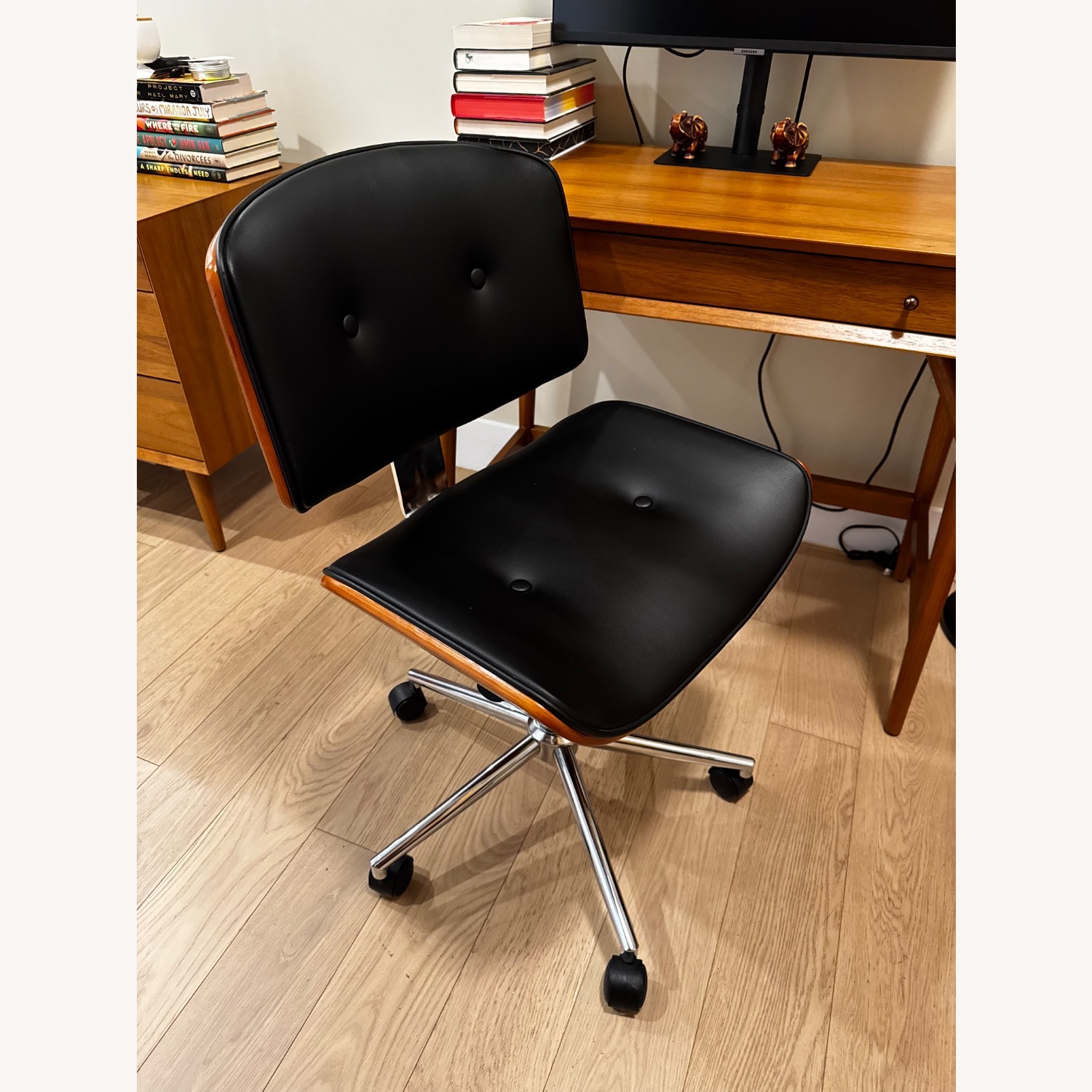 Black Leather Office Chair with Wood Backing - image-3