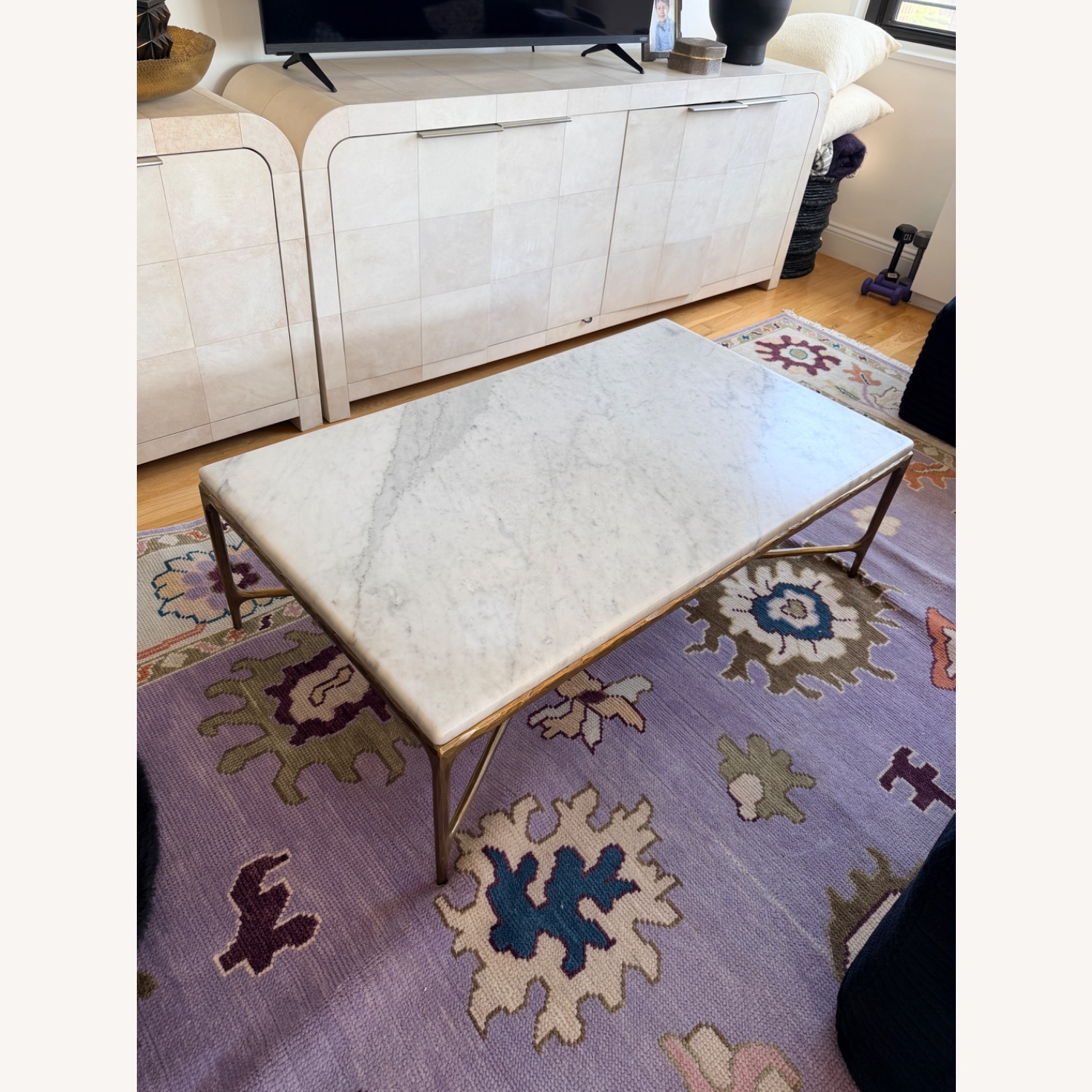 Restoration Hardware Forged Brass Carrera Marble Table - image-4