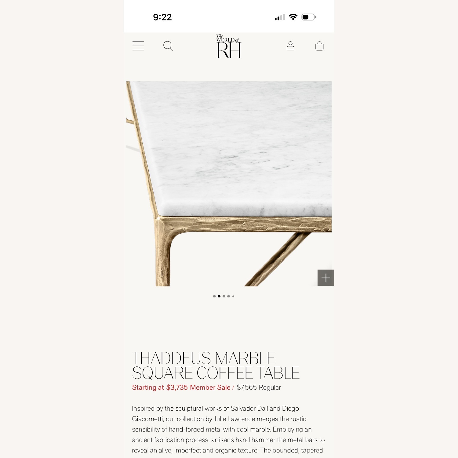 Restoration Hardware Forged Brass Carrera Marble Table - image-3