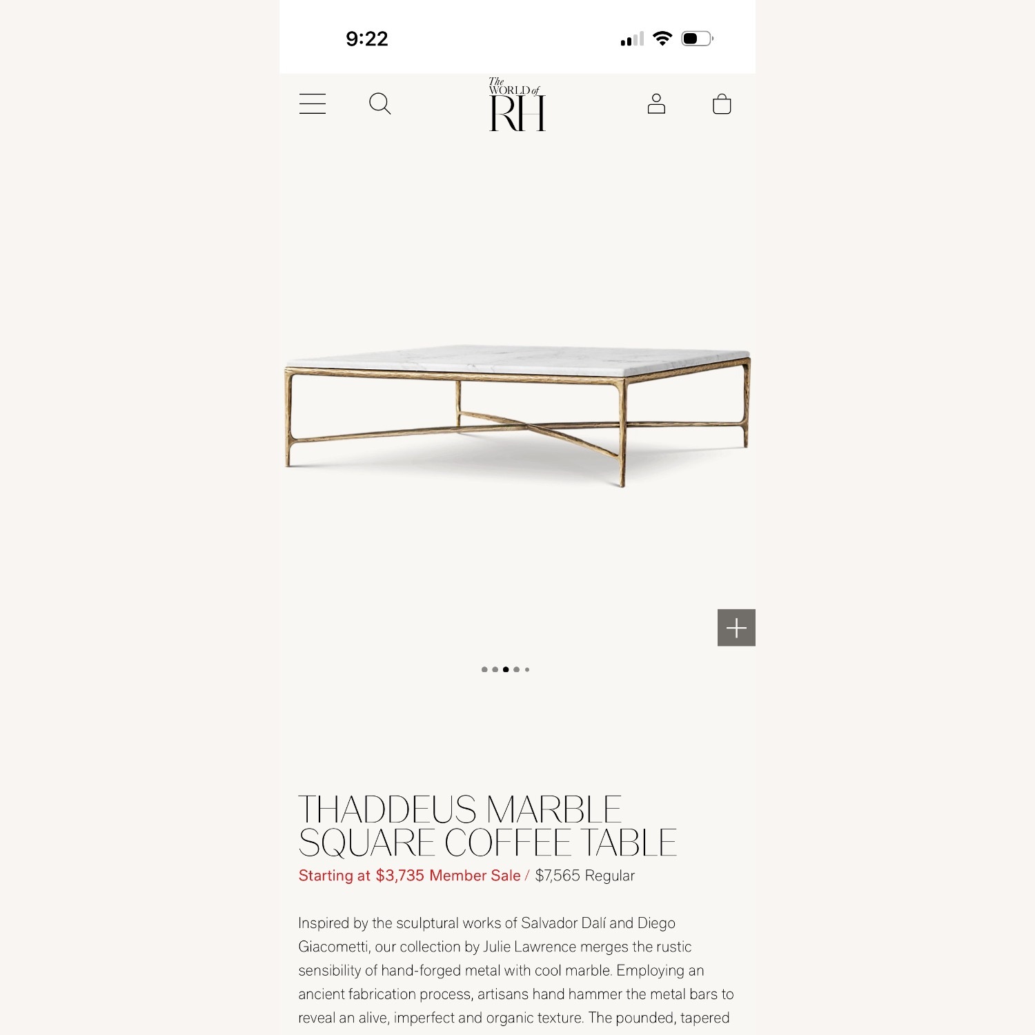 Restoration Hardware Forged Brass Carrera Marble Table - image-1