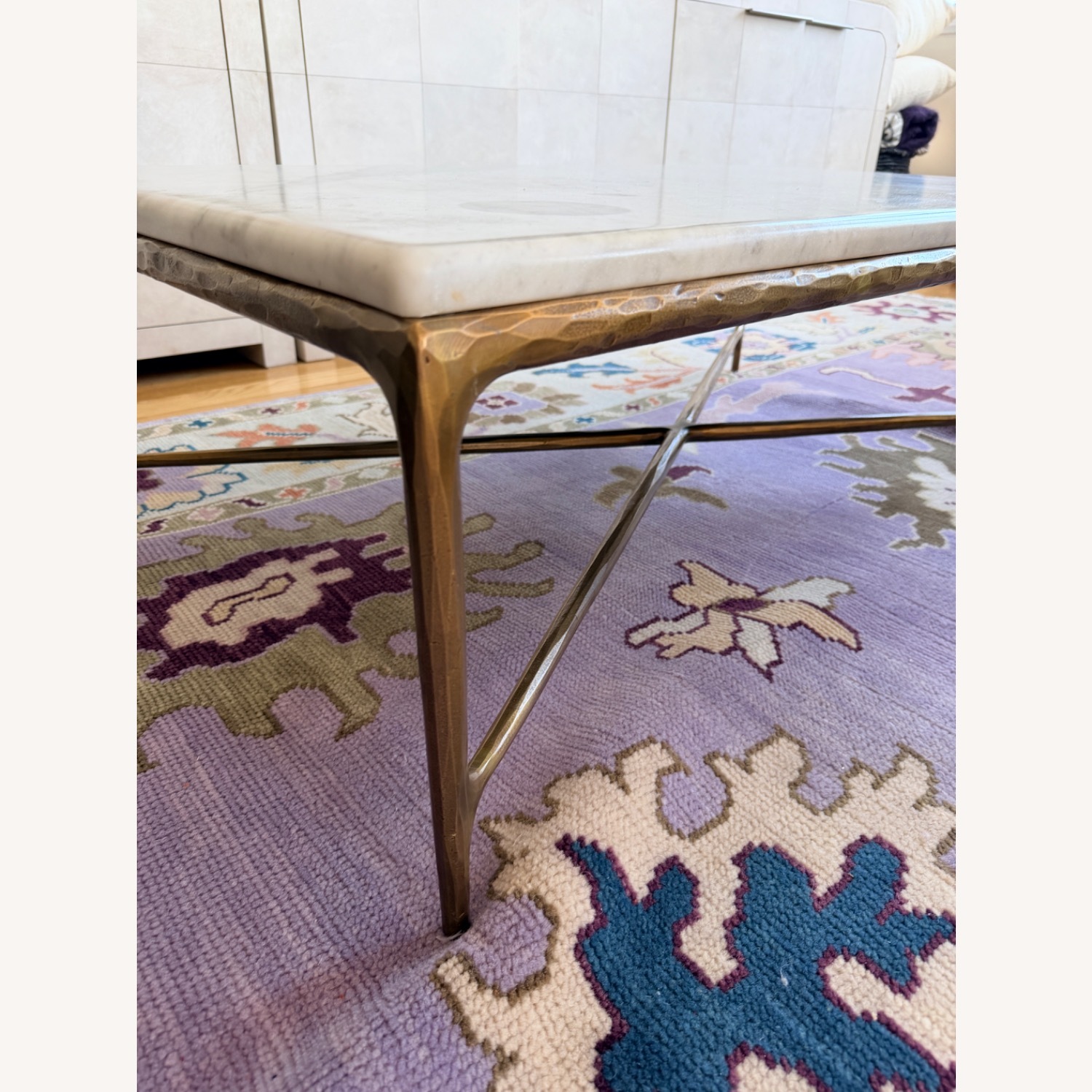 Restoration Hardware Forged Brass Carrera Marble Table - image-5