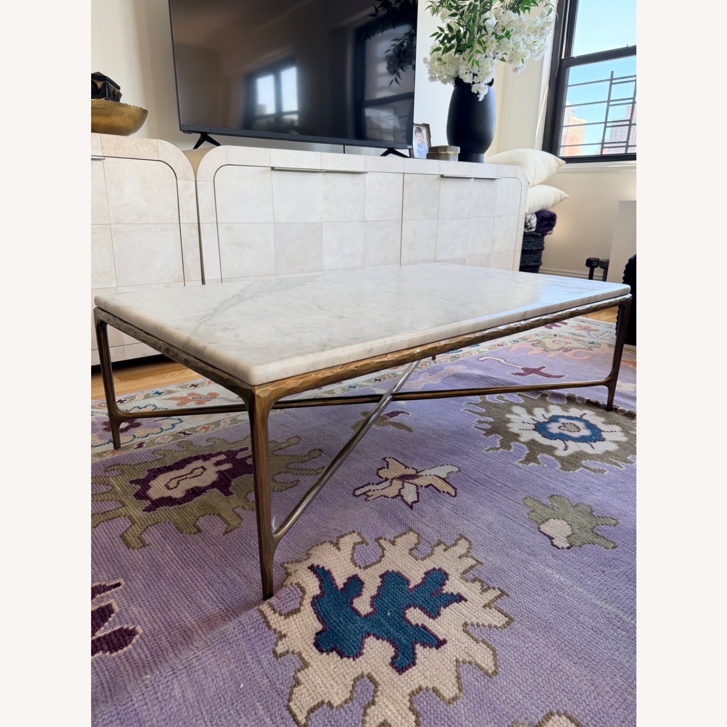 Restoration Hardware Forged Brass Carrera Marble Table - image-7