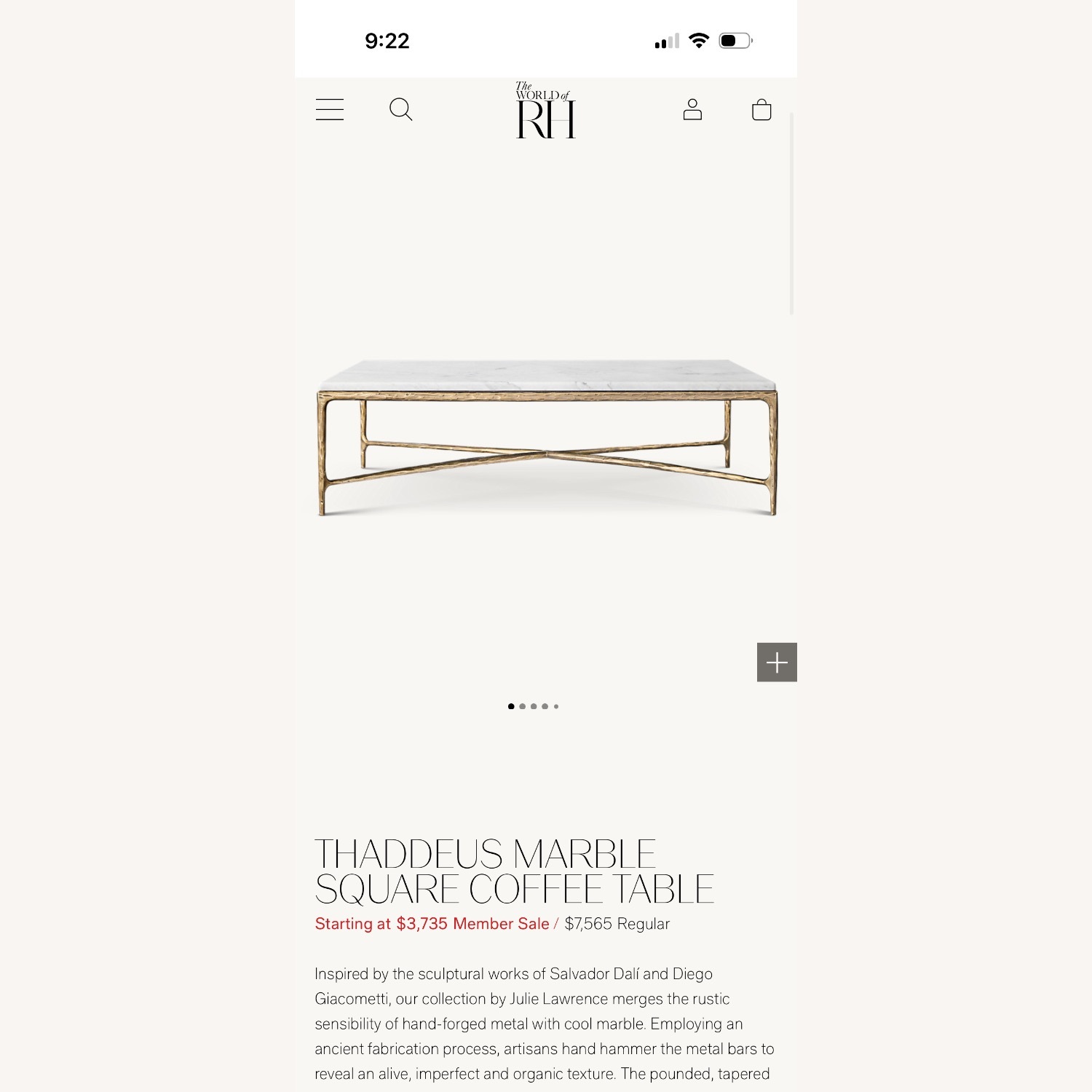 Restoration Hardware Forged Brass Carrera Marble Table - image-2