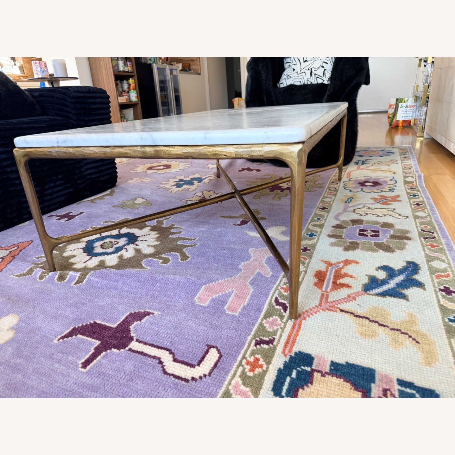 Restoration Hardware Forged Brass Carrera Marble Table - image-8