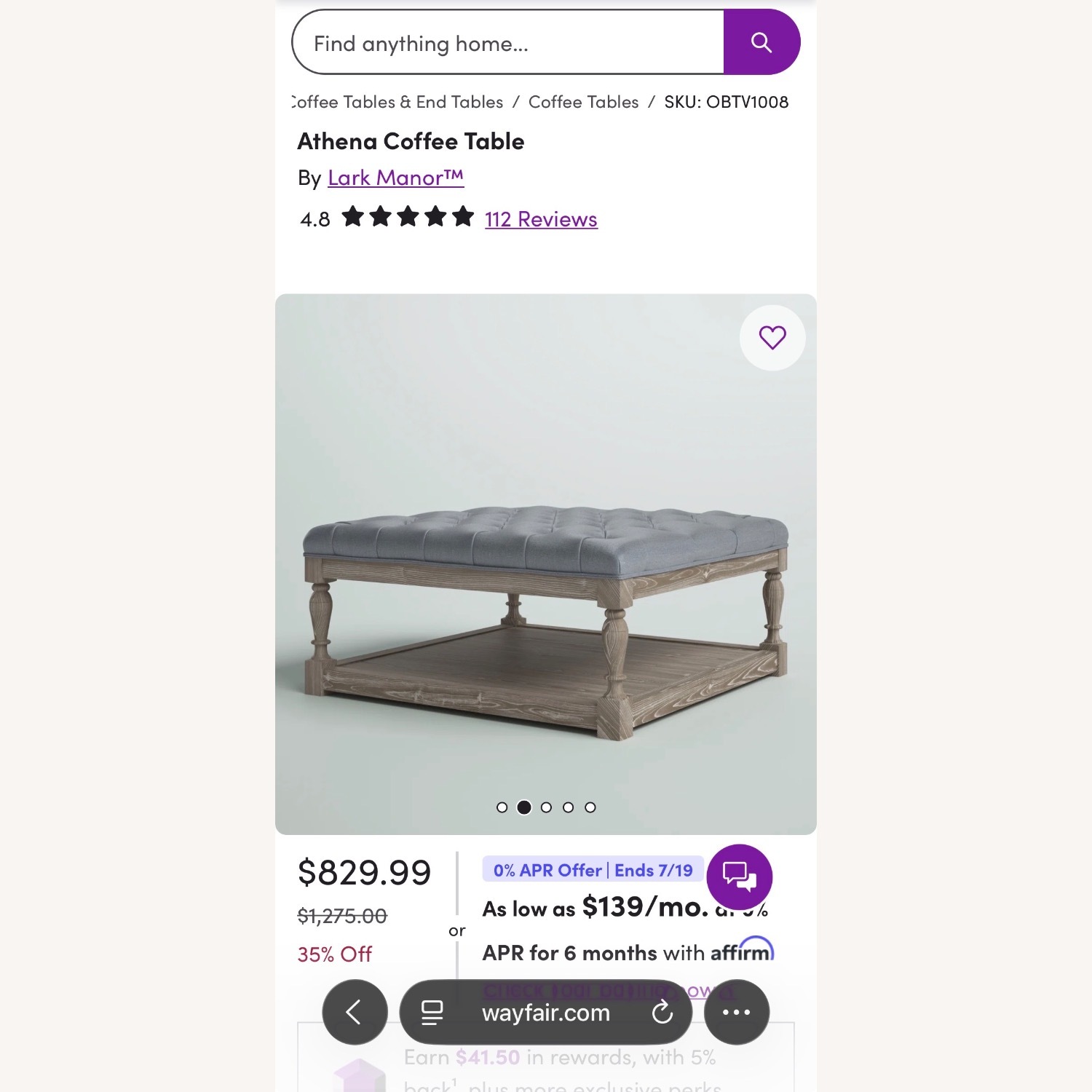 36x36 Tufted Light Gray Wood Coffee Table - image-4