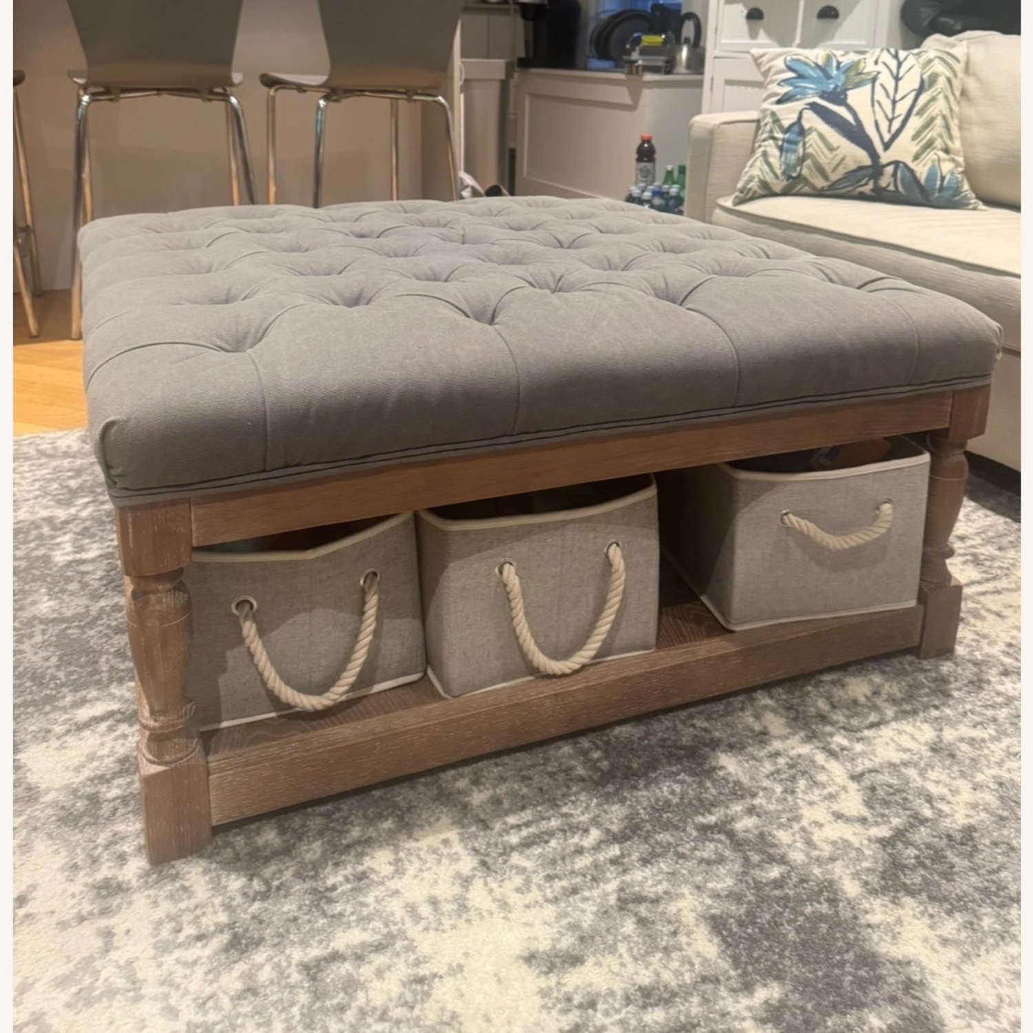 36x36 Tufted Light Gray Wood Coffee Table - image-2