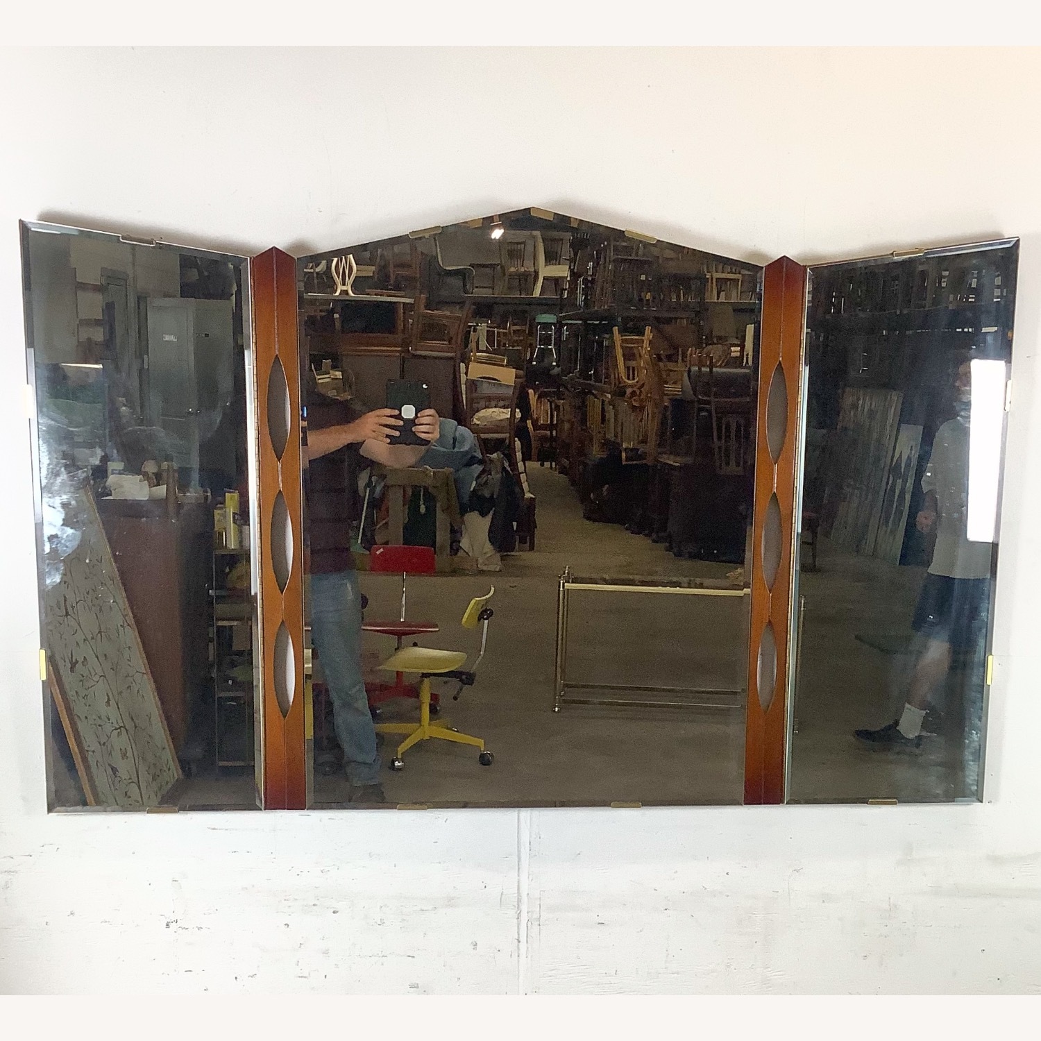 Vintage Mid-Century Modern Walnut Tri-Fold Mirror - image-3