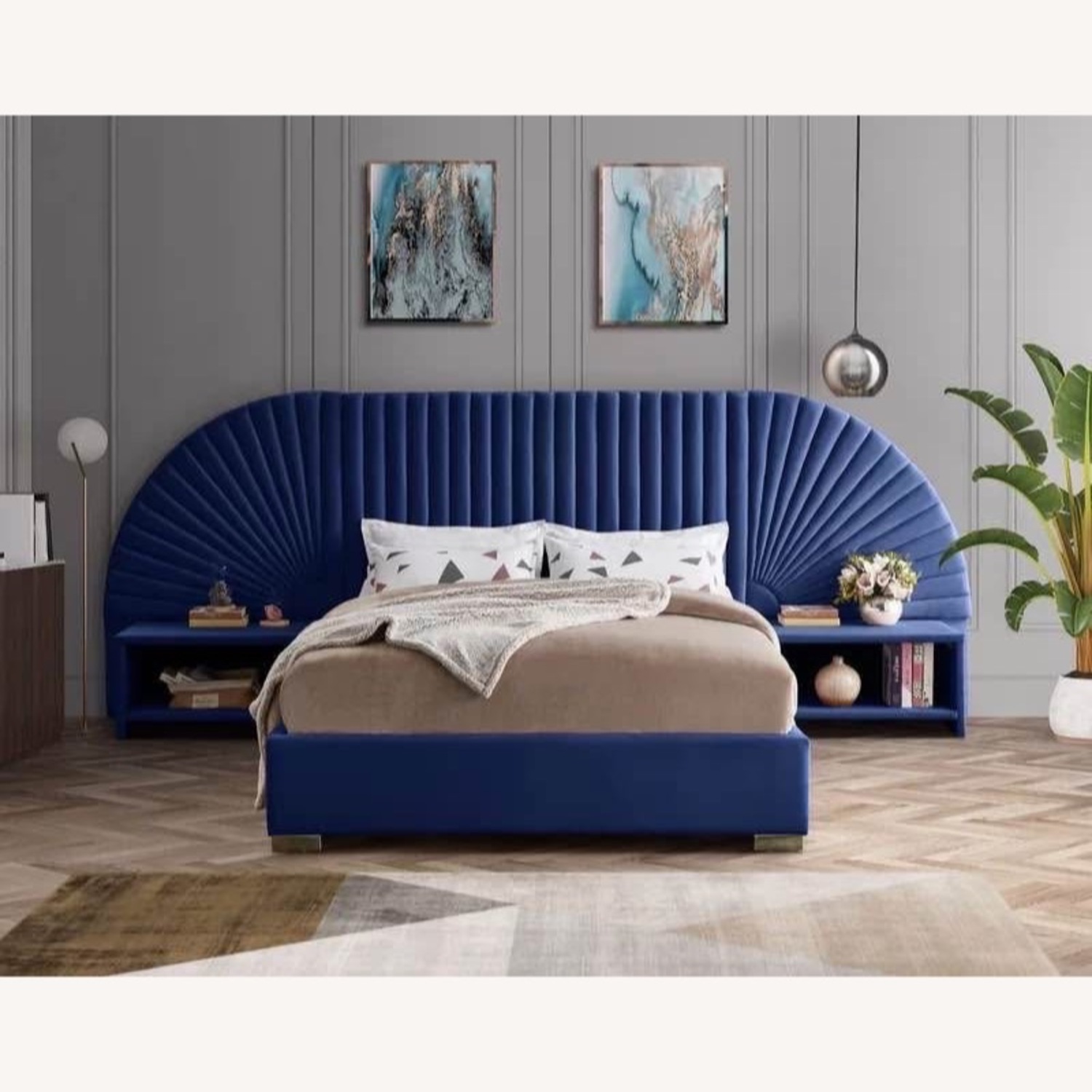 Navy Velvet King Bed with 2 Matching Side Tables - image-3