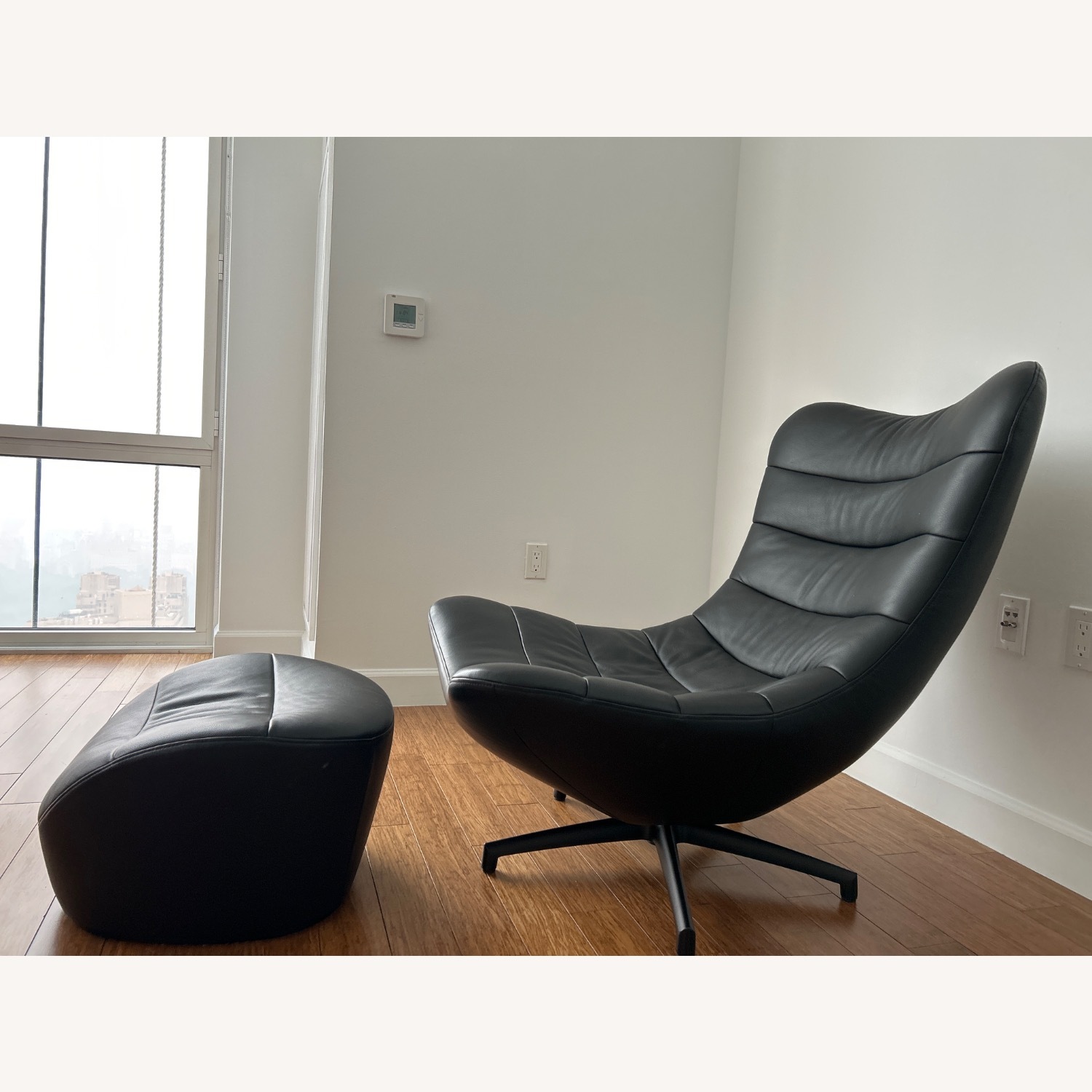 Roche Bobois Black Leather Armchair With Ottoman - image-3