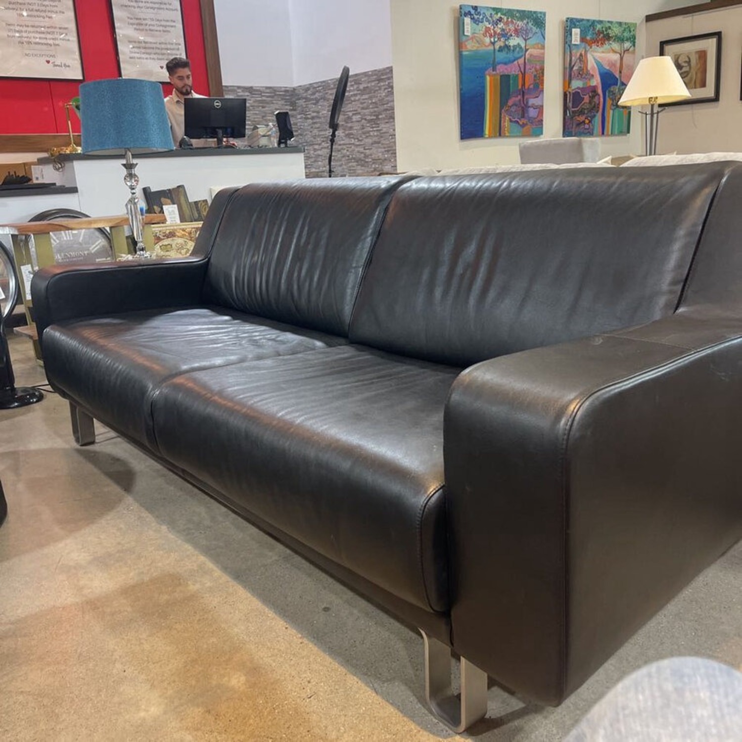 Modern Leather w/ Sculptural Metal Base Sofa - image-2