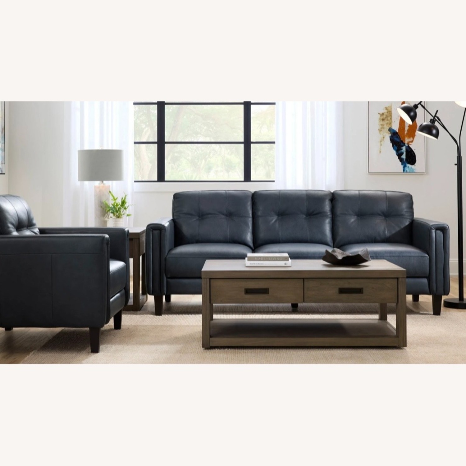 Raymour Leather Salerno Sofa + 2 Poly & Bark Ottomans - image-1