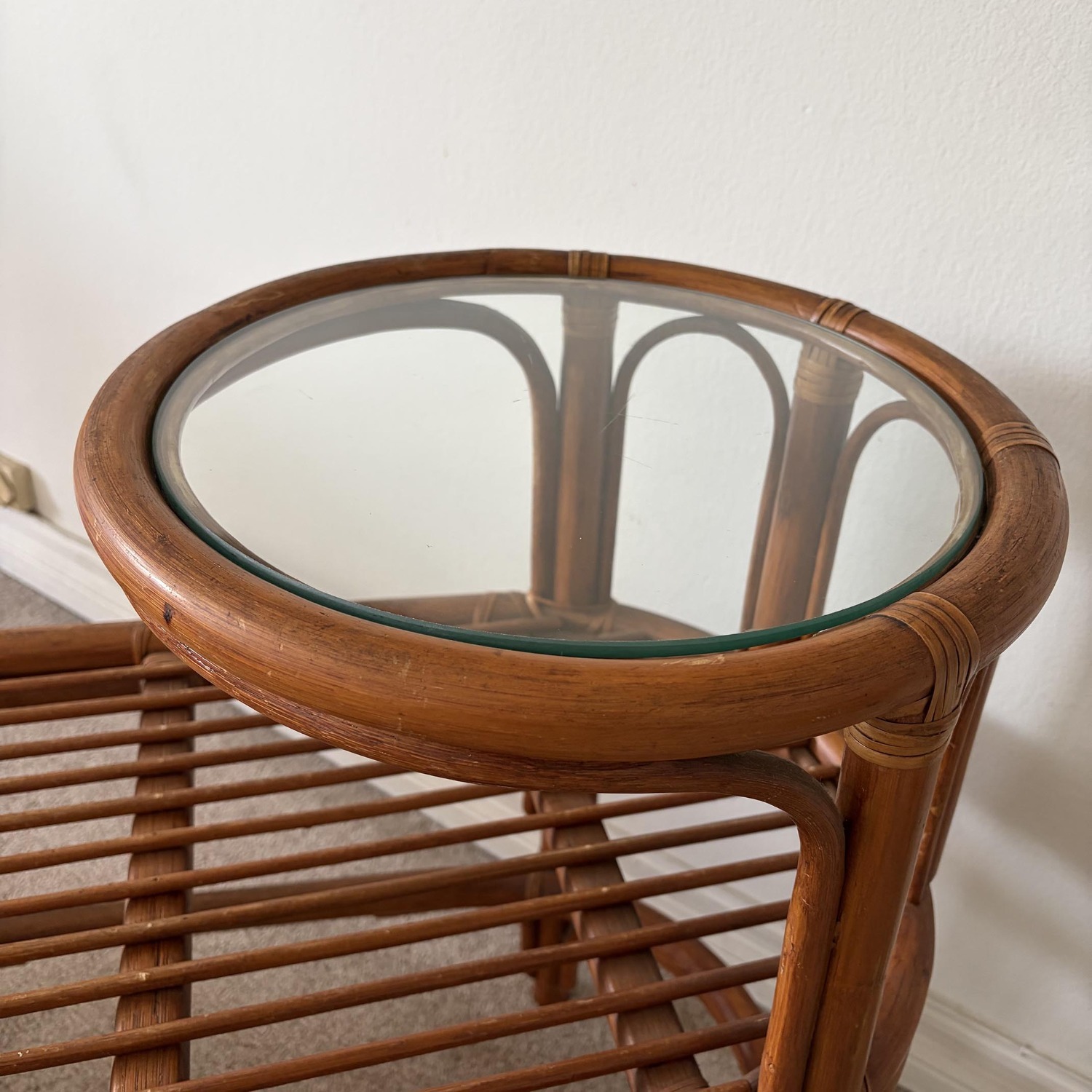 Vintage Rattan Gossip Bench with Glass Top - image-5