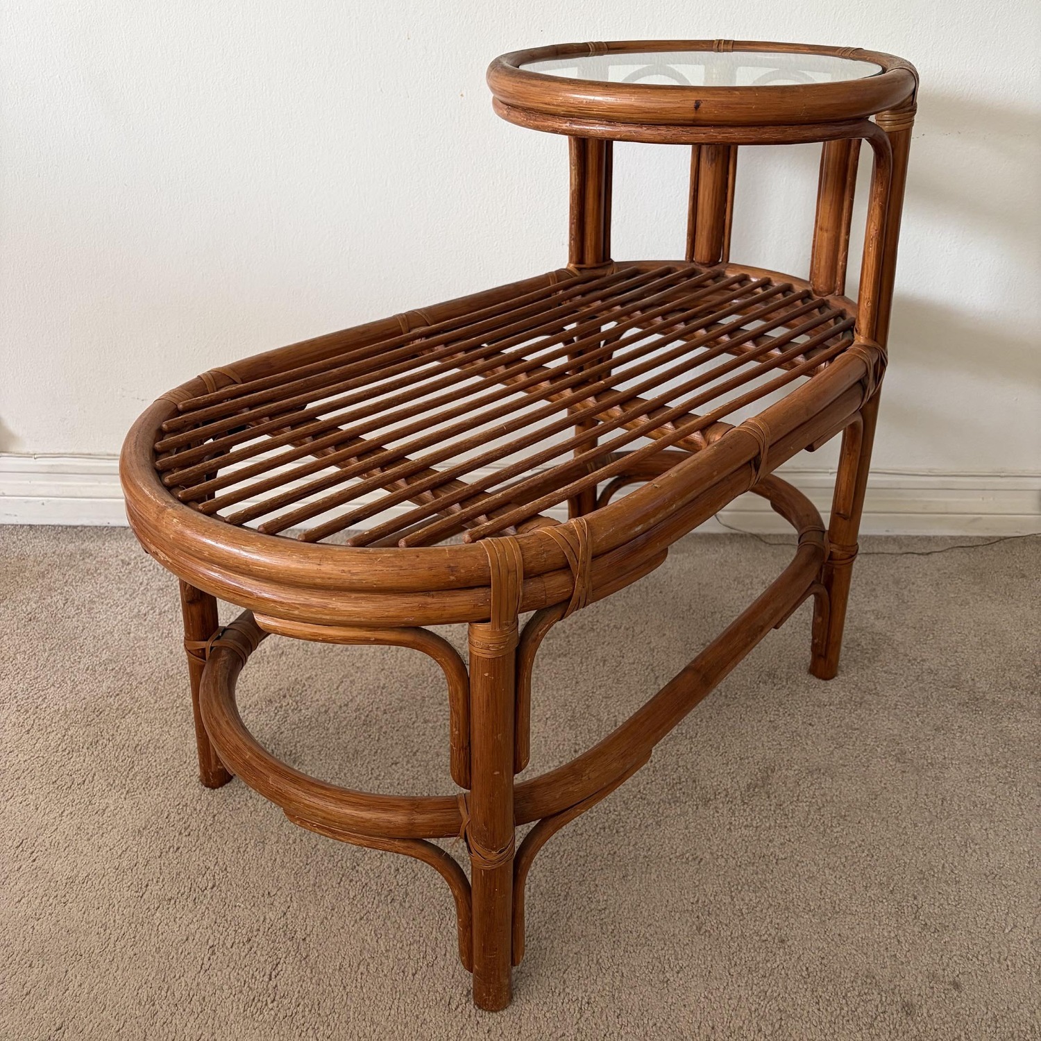 Vintage Rattan Gossip Bench with Glass Top - image-2