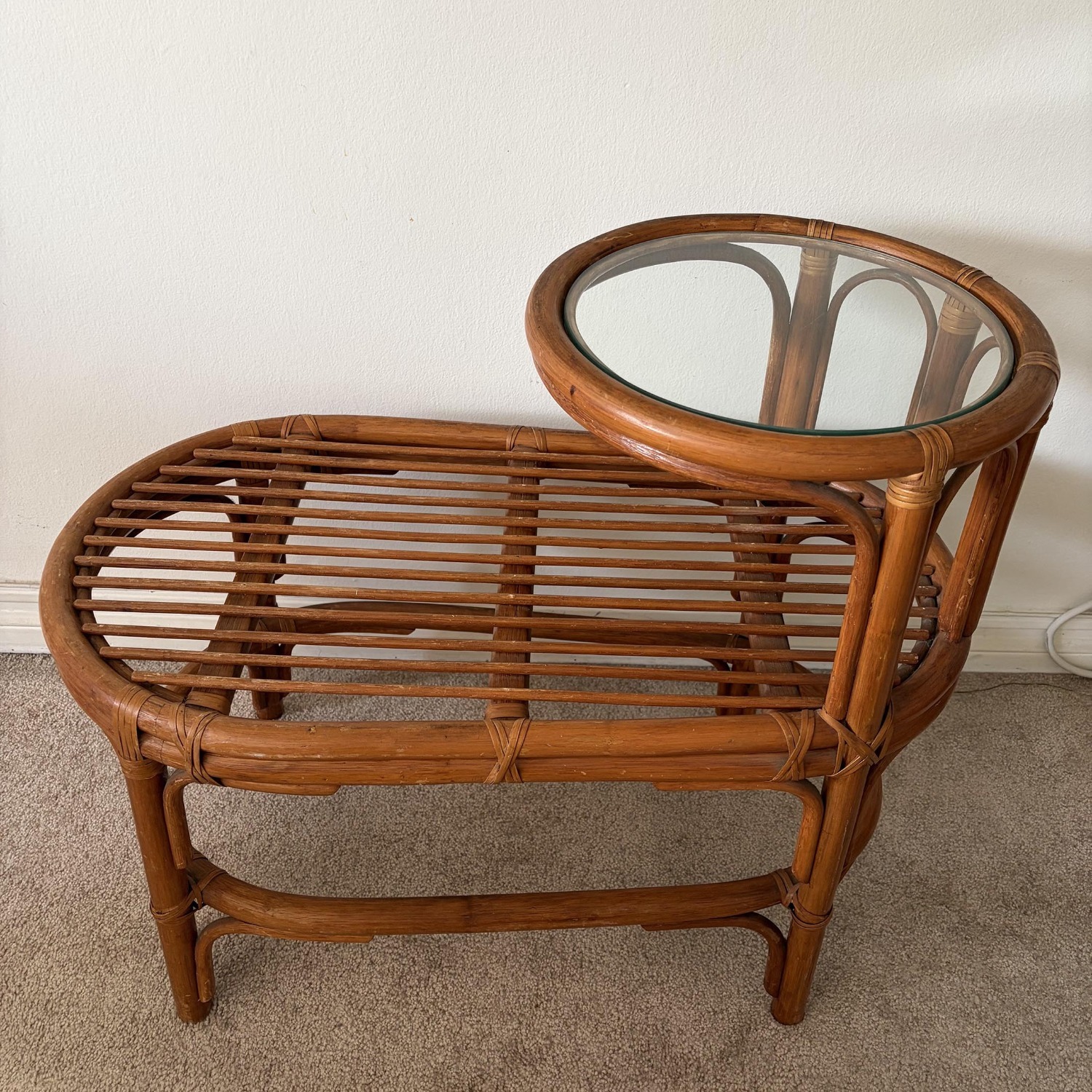 Vintage Rattan Gossip Bench with Glass Top - image-6
