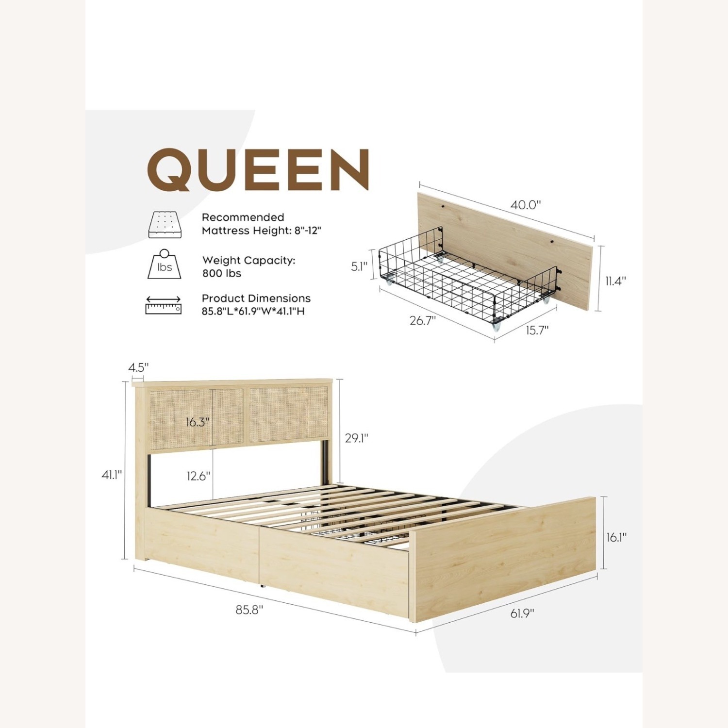 Natural Wood Rattan Queen Bed - image-4