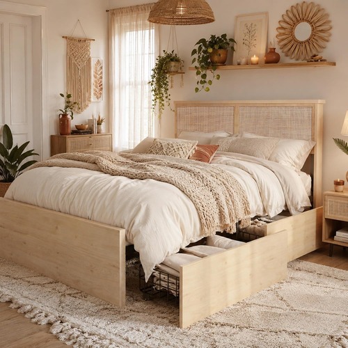 Used Natural Wood Rattan Queen Bed for sale on AptDeco