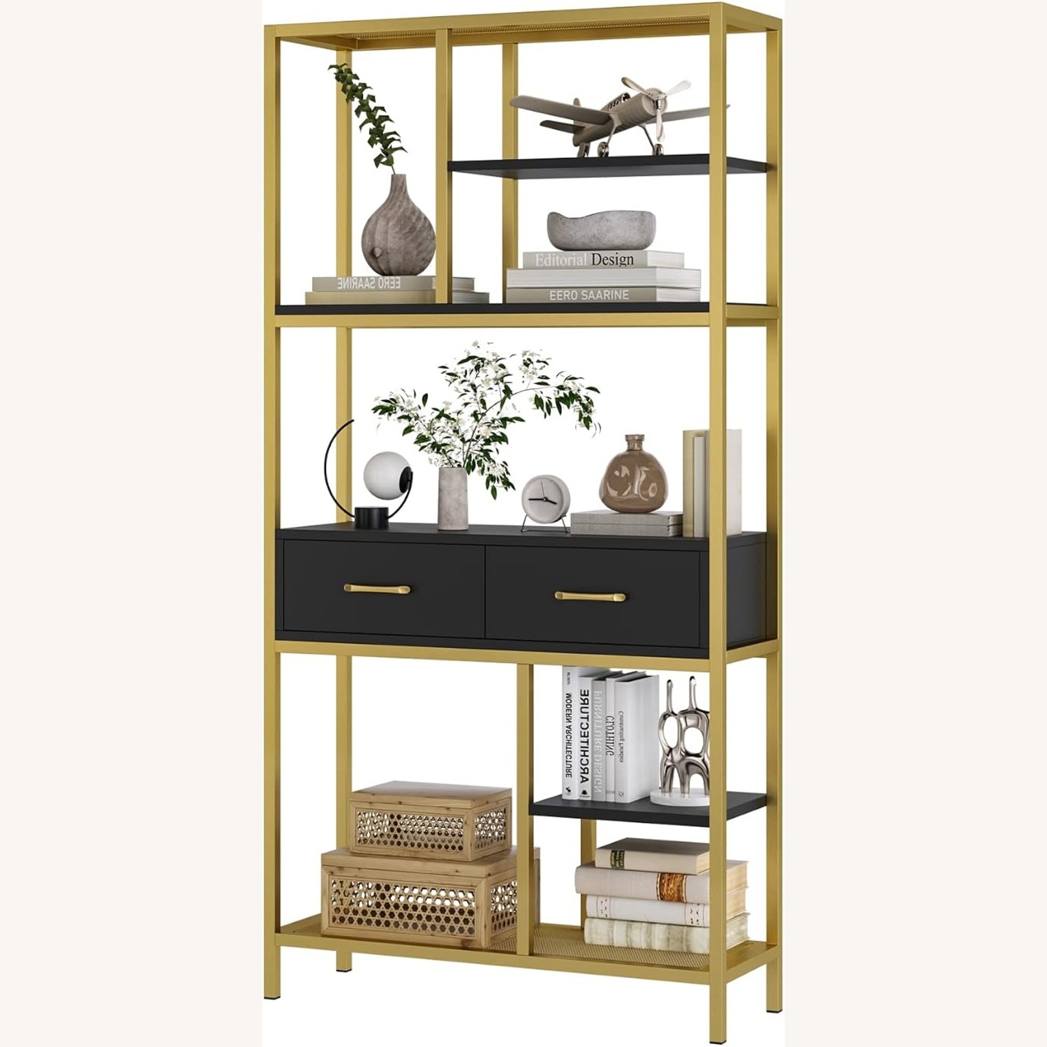 Contemporary Black Bookshelf with 2 Drawers - image-5
