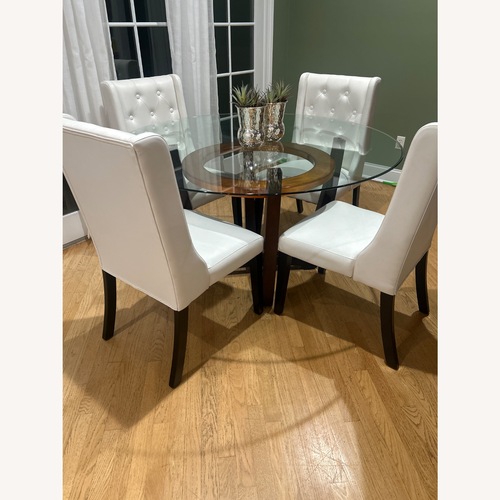 Used Macy's Elation Dark Brown Wood & Glass Dining Table for sale on AptDeco