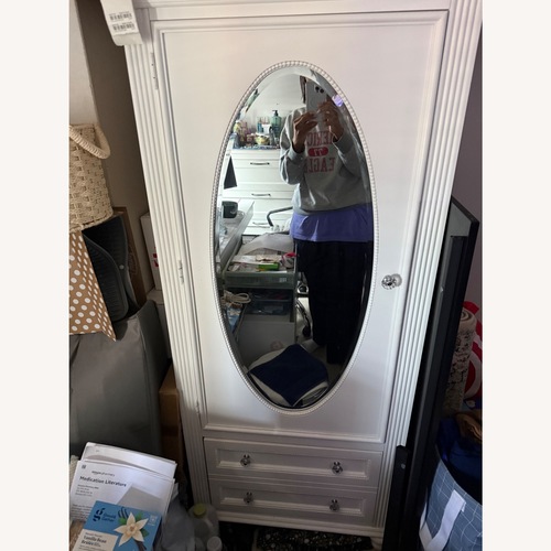 Used Bob's Discount Furniture Madelyn White Wardrobe with Drawer for sale on AptDeco
