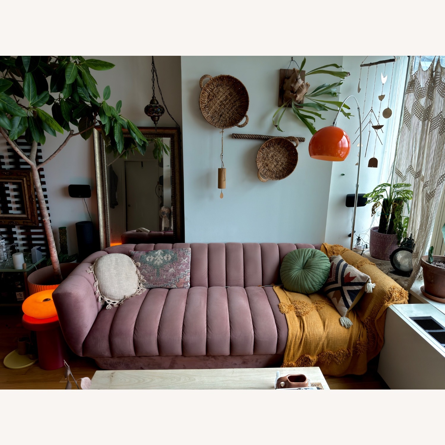Pink Velvet Channel Tufted Sofa - image-2