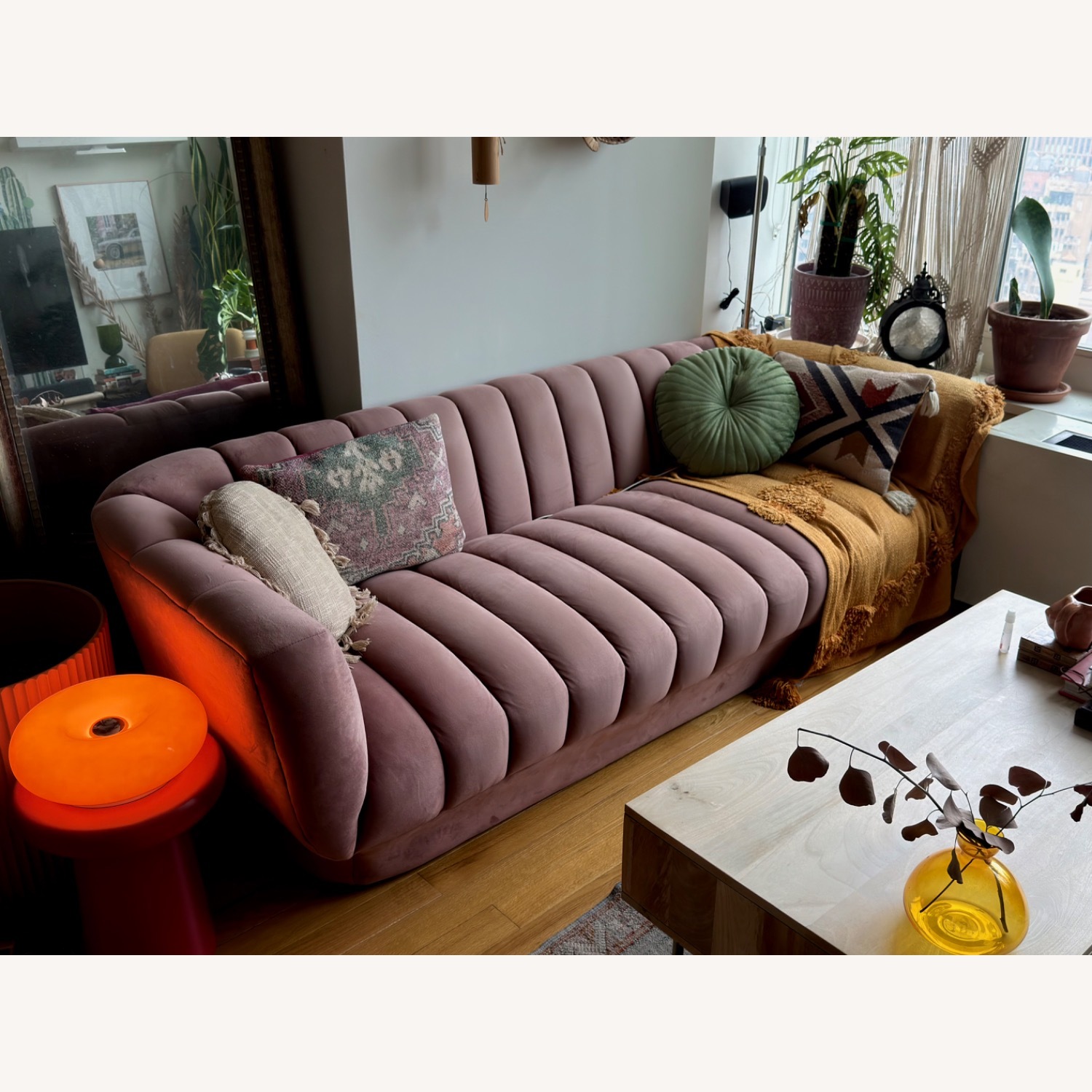 Pink Velvet Channel Tufted Sofa - image-1