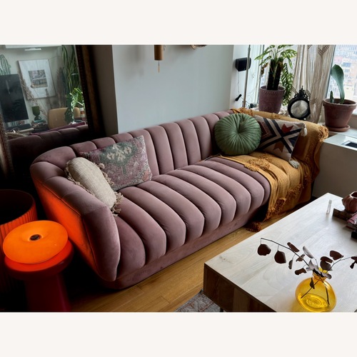 Used Pink Velvet Channel Tufted Sofa for sale on AptDeco