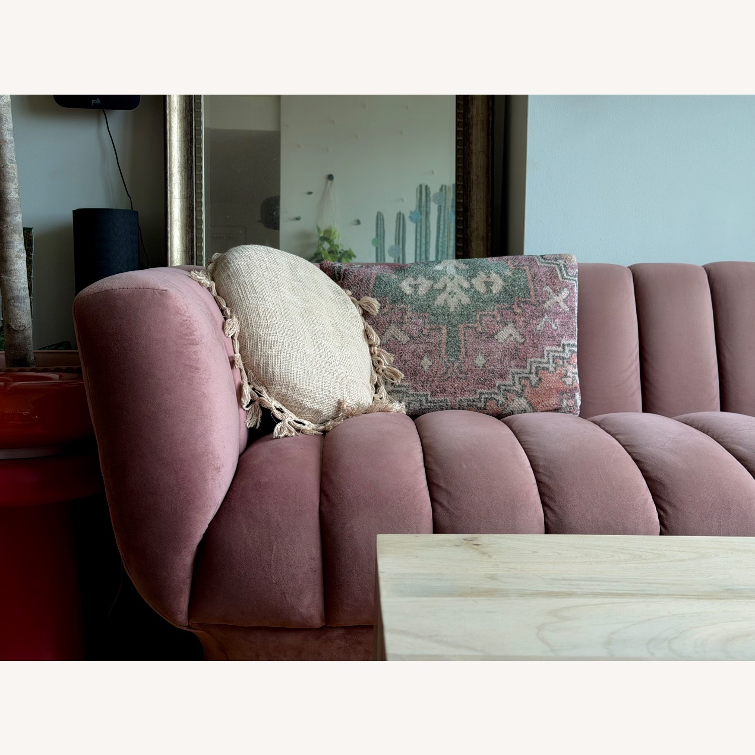 Pink Velvet Channel Tufted Sofa - image-3