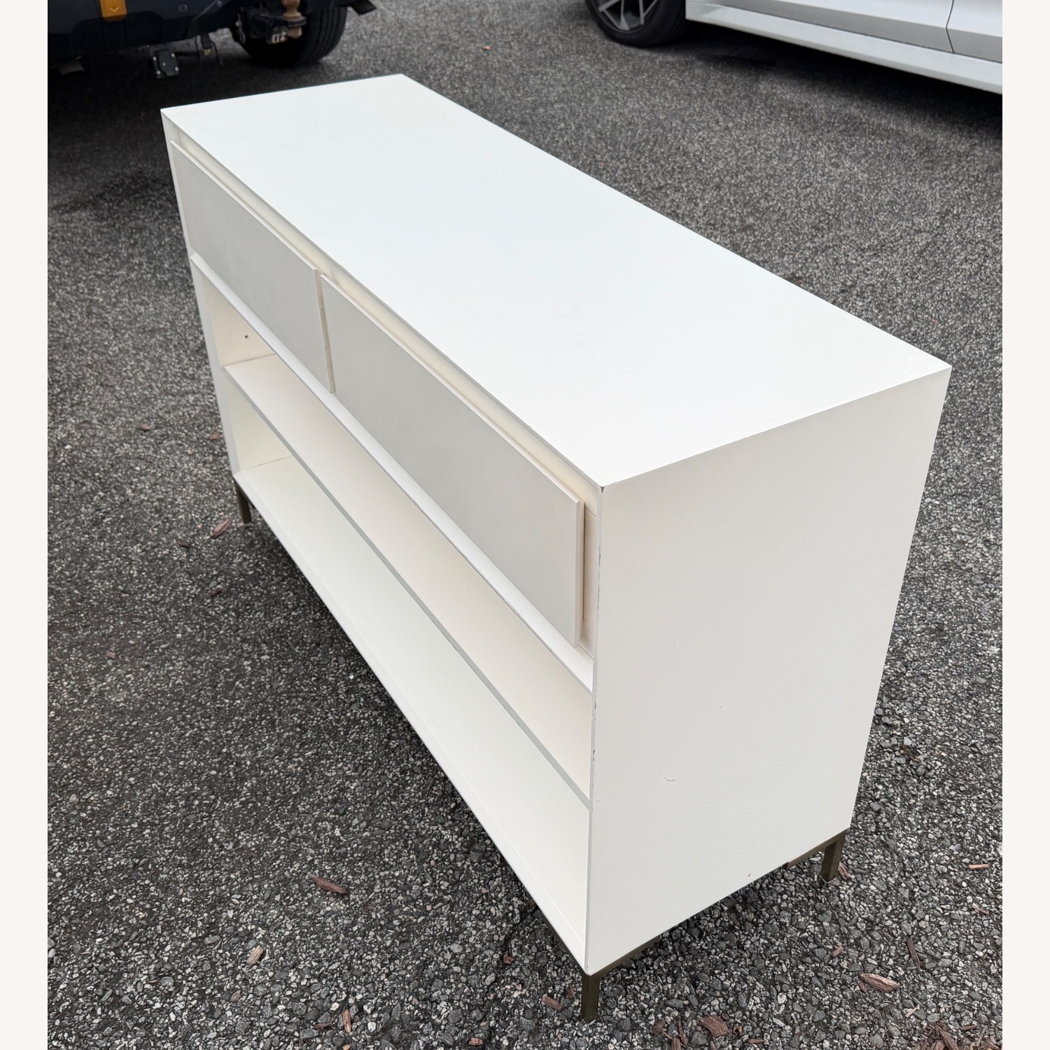 West Elm Nolan White Console Table and Baskets - image-3