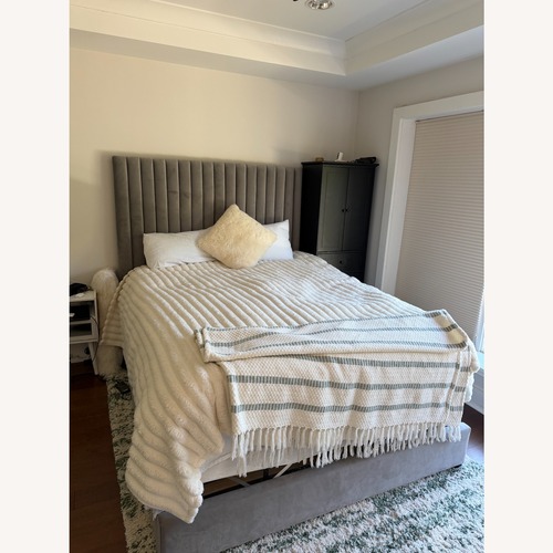 Used TOV Arabelle Gray Velvet Queen Bed for sale on AptDeco