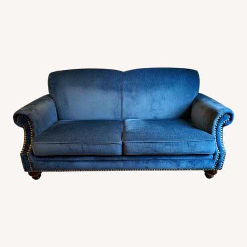 Used Vintage/English-style Blue Velvet Loveseat for sale on AptDeco