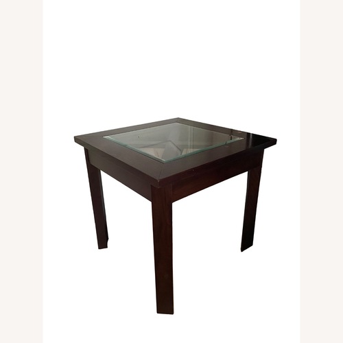 Used Dark Brown Wood & Glass Square Coffee Table for sale on AptDeco