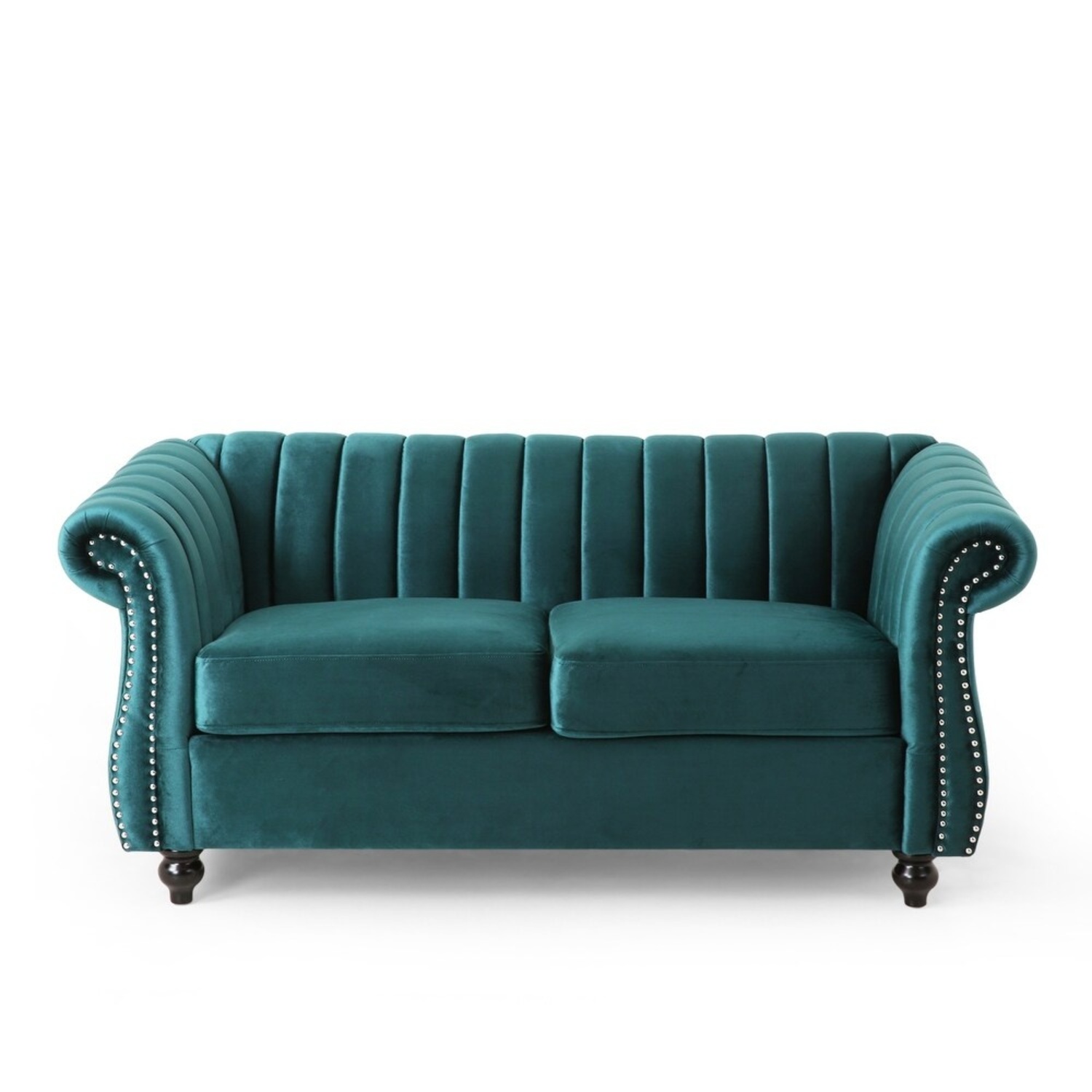 Modern Teal Velvet Channel-Tufted Loveseat - image-6