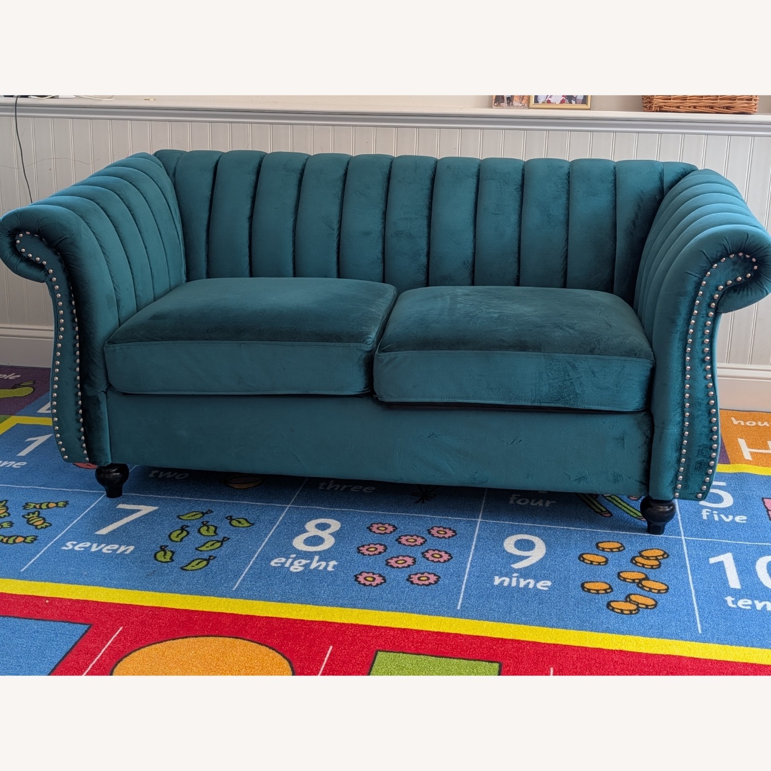 Modern Teal Velvet Channel-Tufted Loveseat - image-5